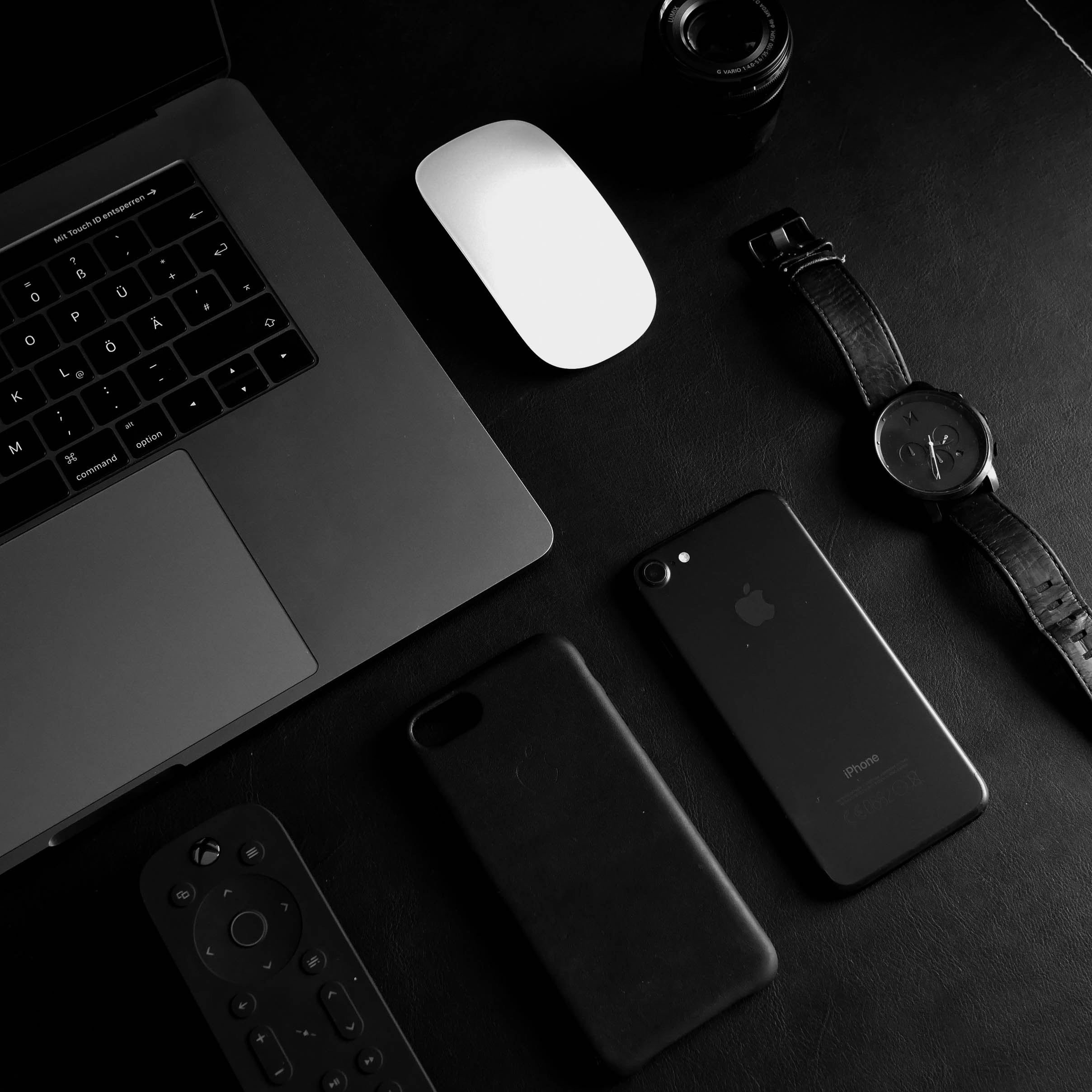 Minimalist Black Tech Devices on Office Desk HD Wallpaper