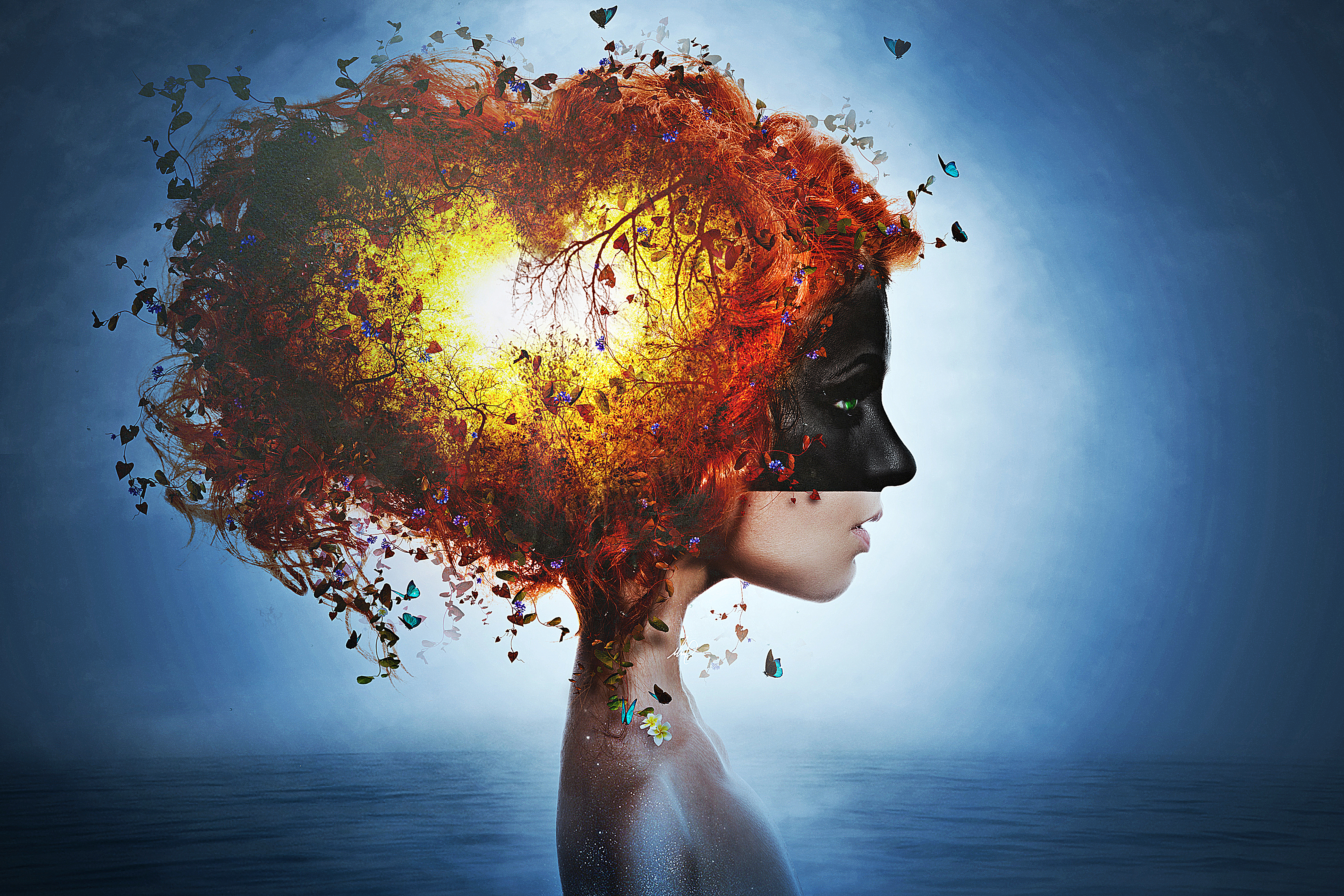 Surreal portrait of a woman with fiery hair and butterflies HD Wallpaper