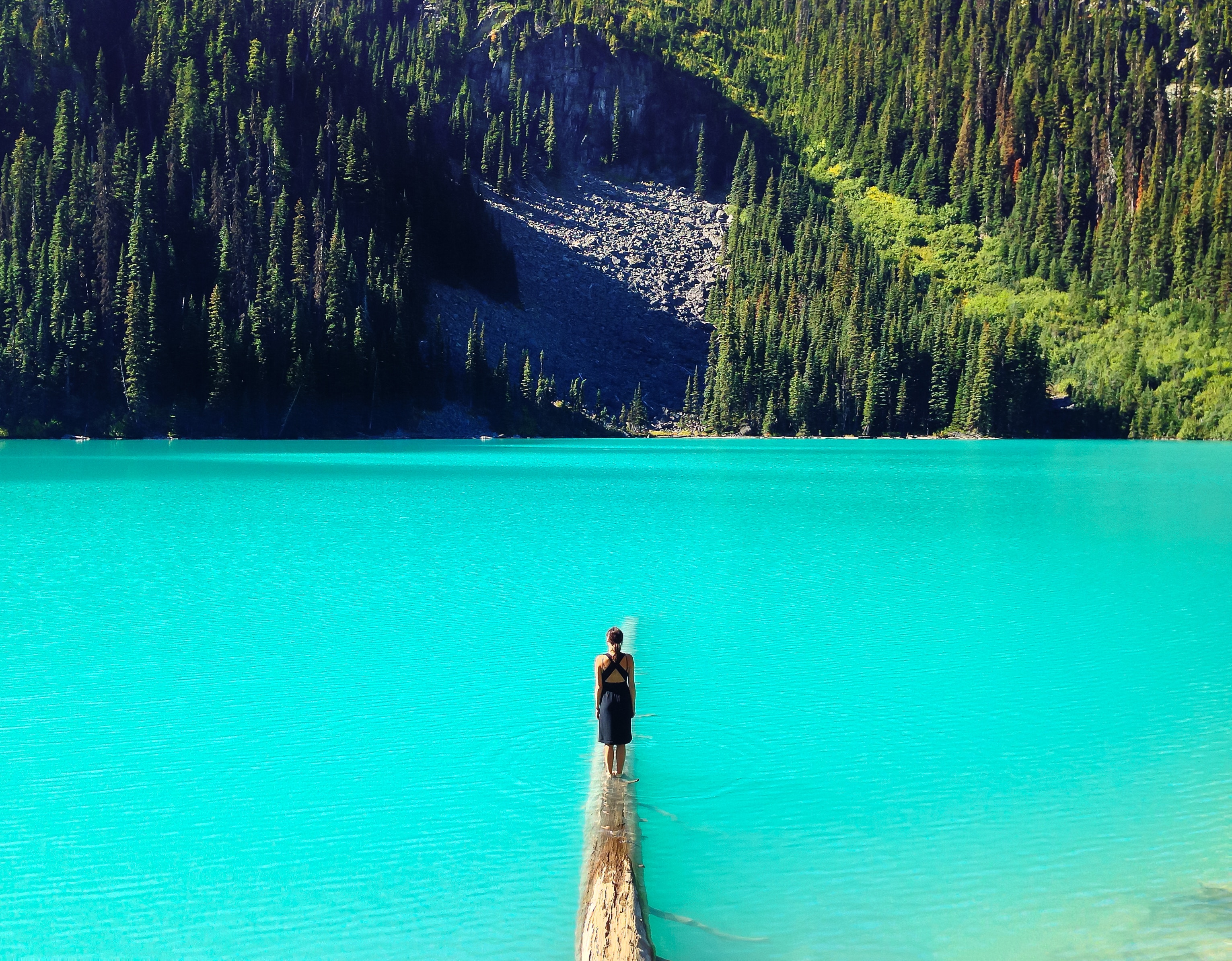 Woman standing on a log in Joffre Lake, British Columbia HD Wallpaper