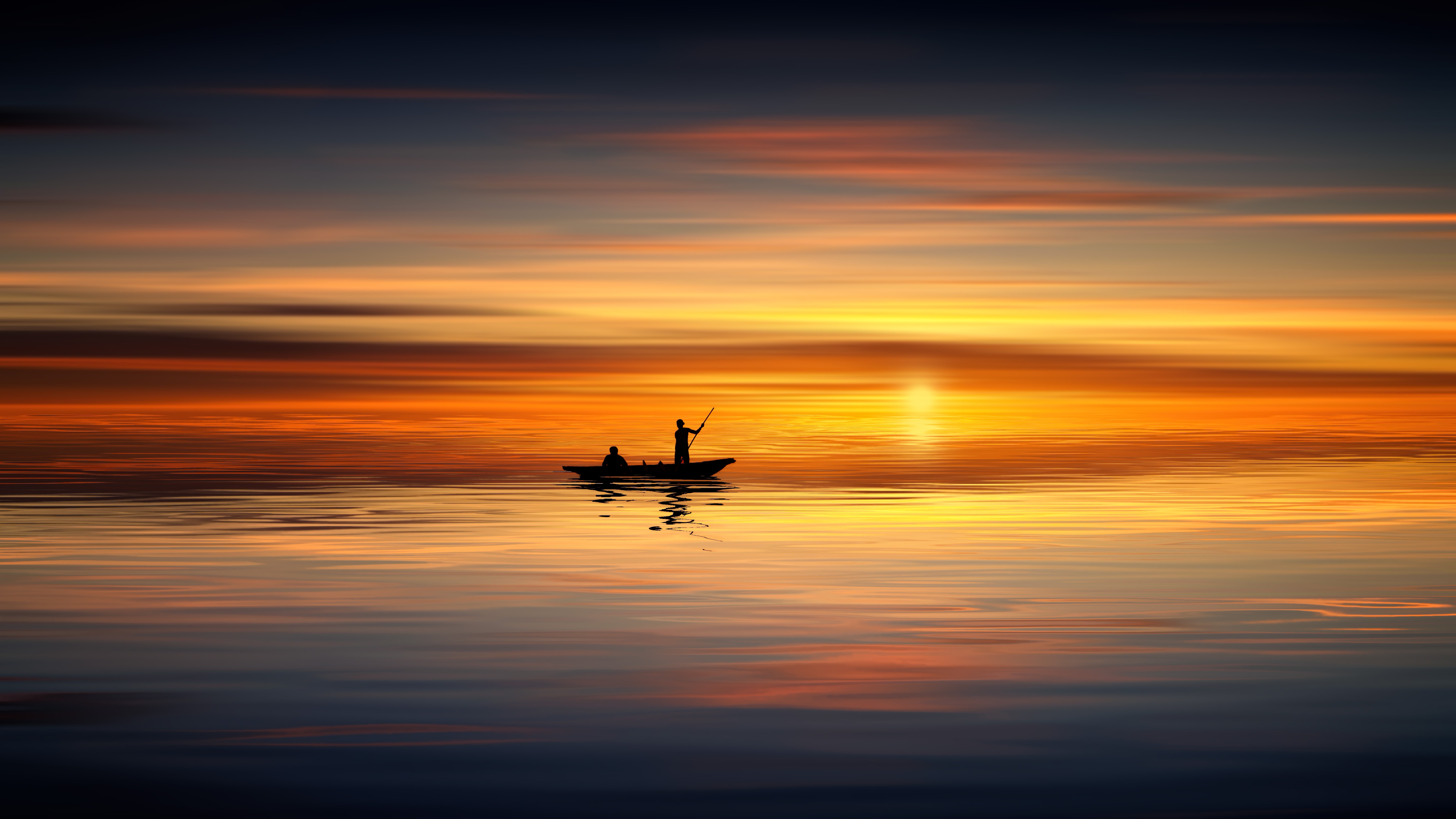 Silhouette of people in a boat at sunset HD Wallpaper