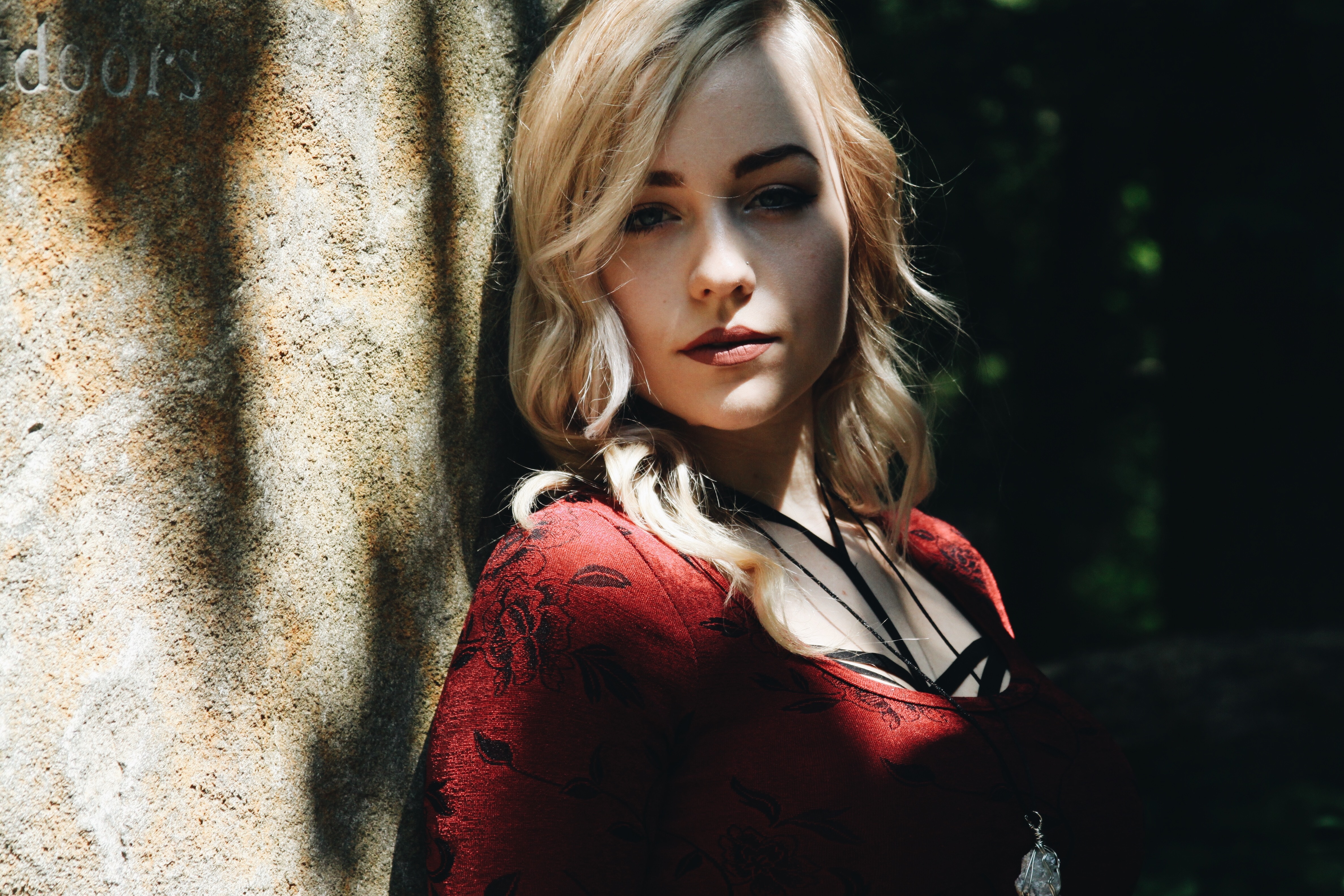 Blonde Woman in Red Dress with Sunlight and Shadows HD Wallpaper