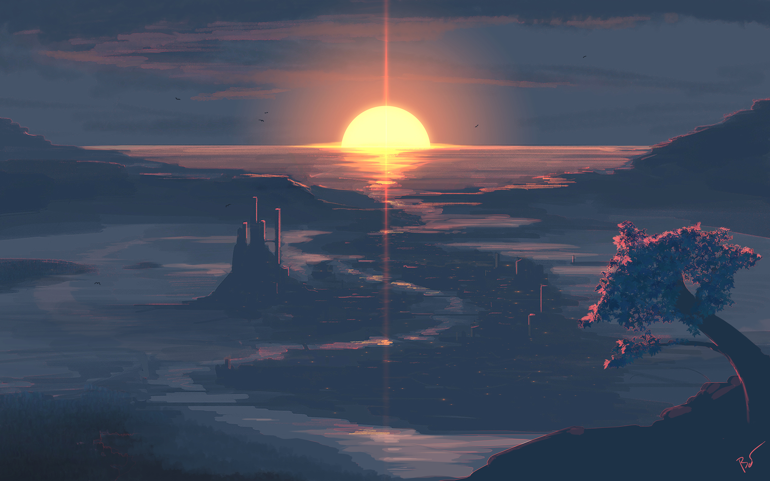 Digital painting of a sunset over a misty landscape with a castle HD Wallpaper