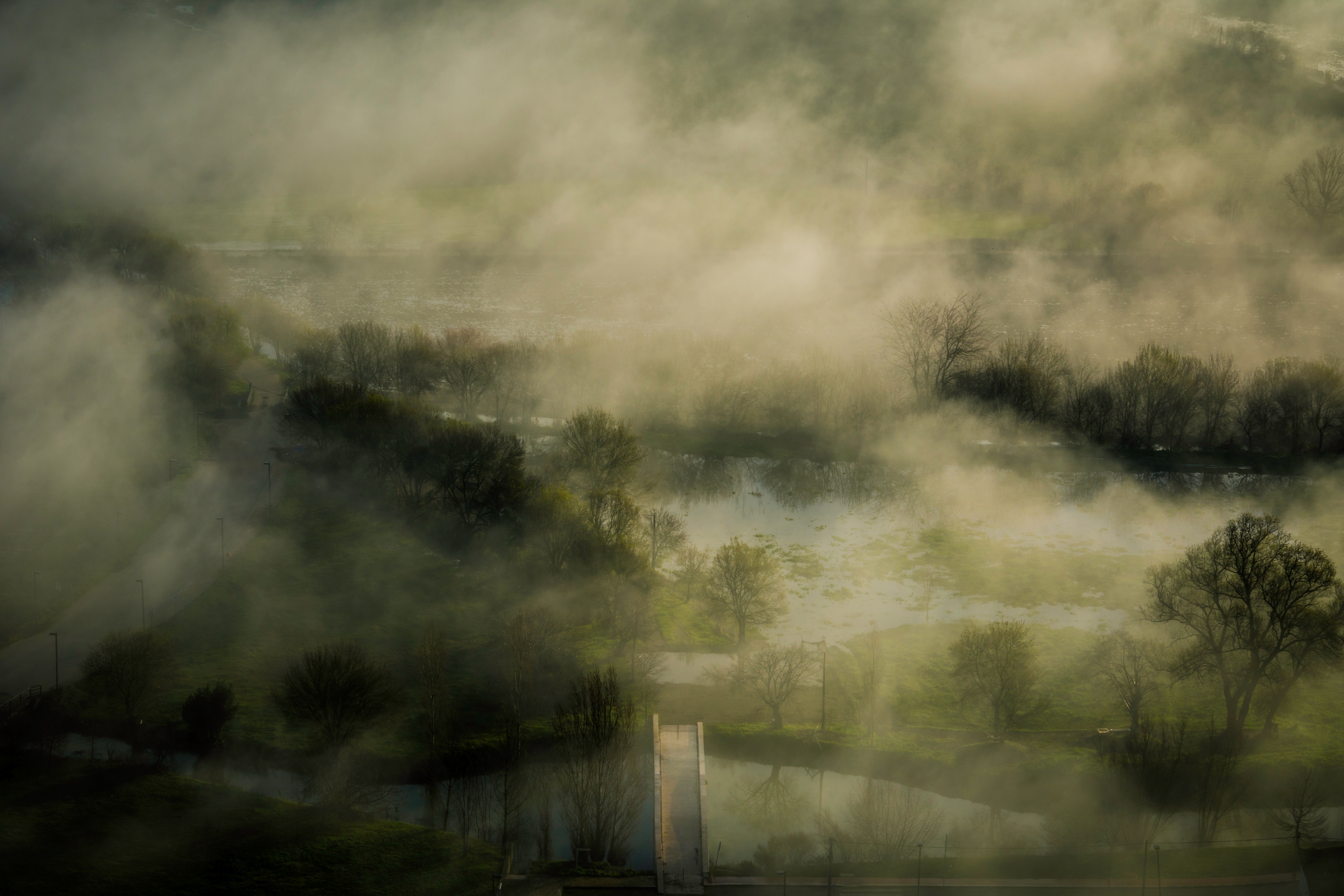 Misty landscape with trees and a bridge HD Wallpaper