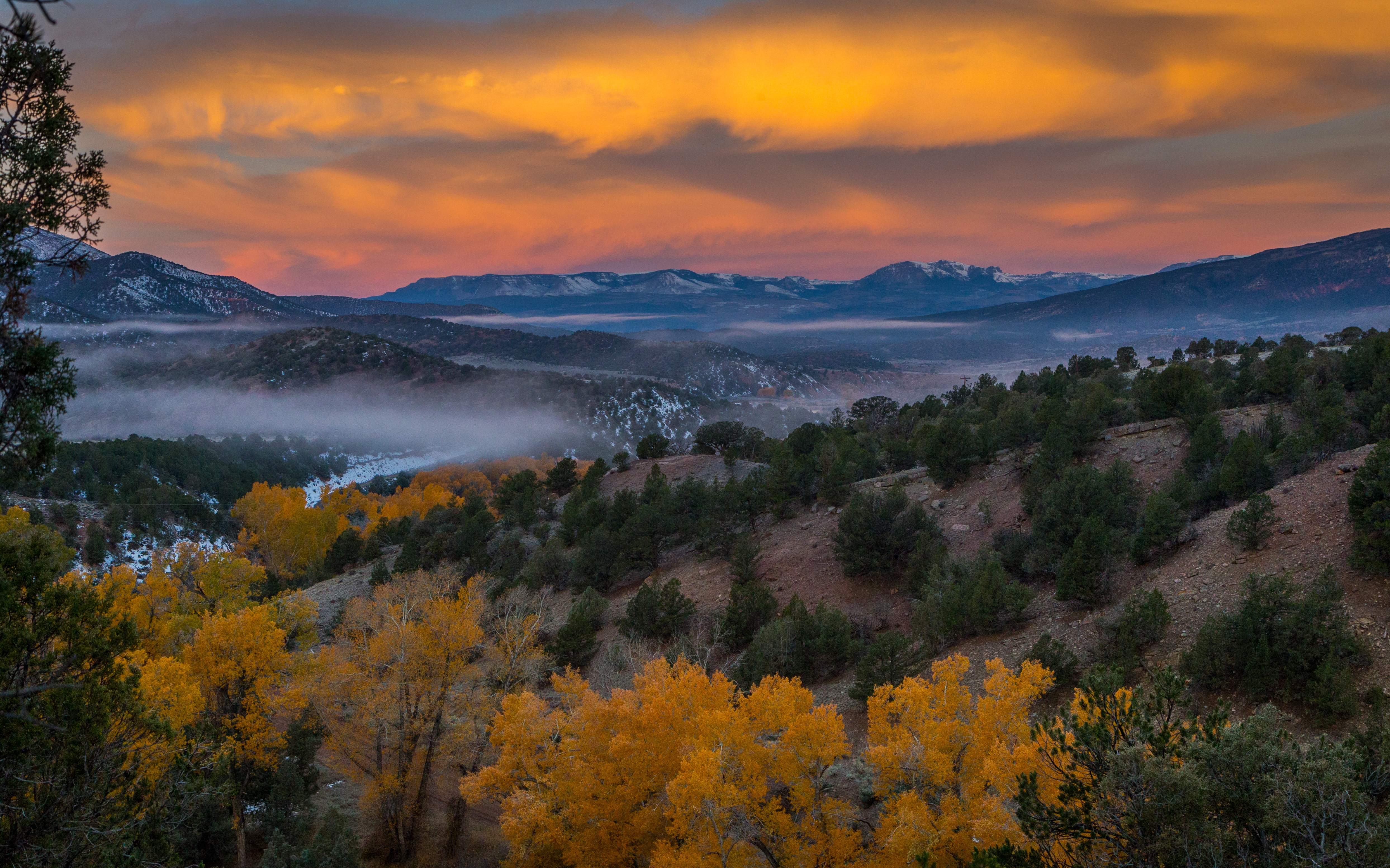 Autumn mountain landscape at sunrise with fog HD Wallpaper
