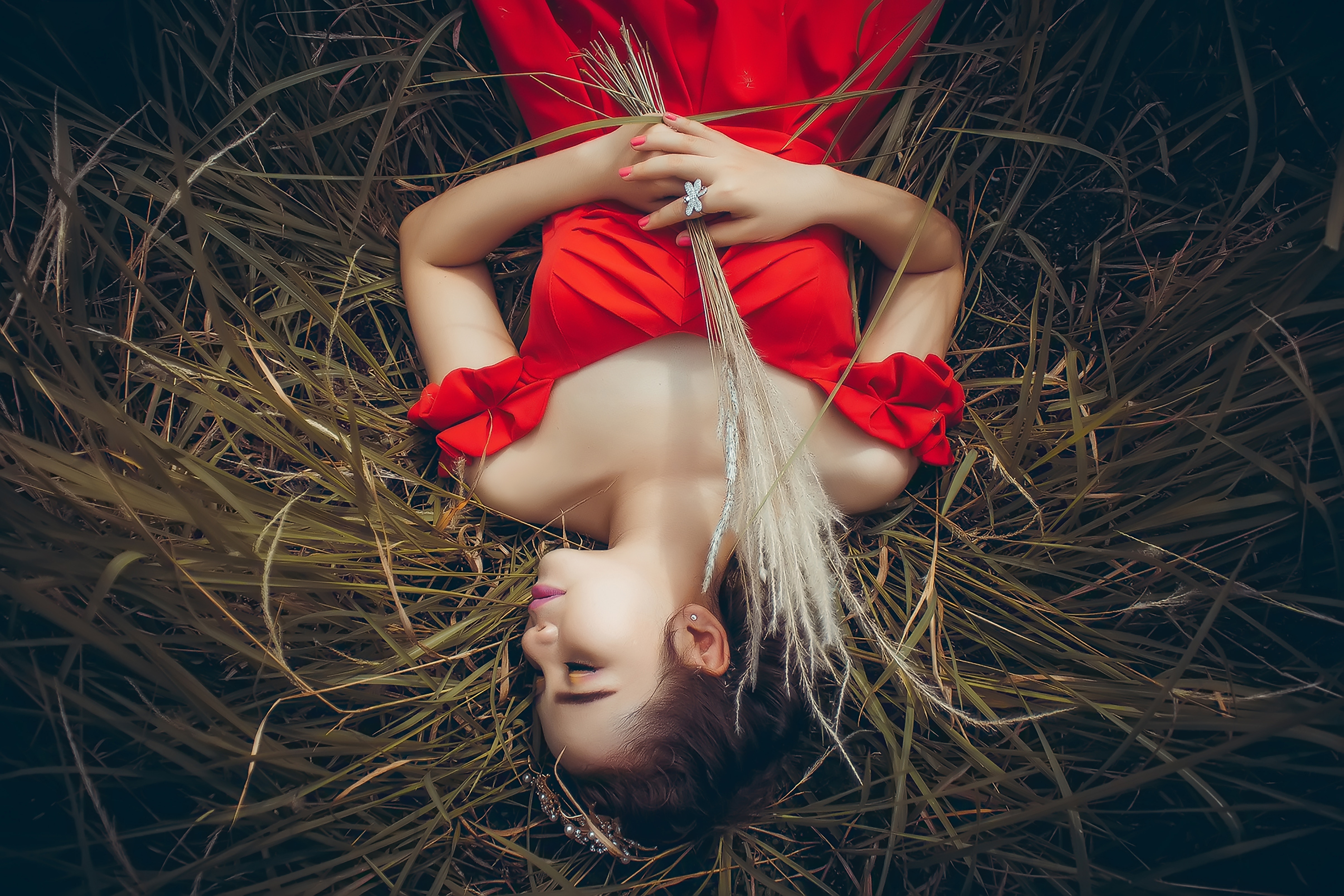 Sleeping Woman in Red Dress Lying in Grass HD Wallpaper
