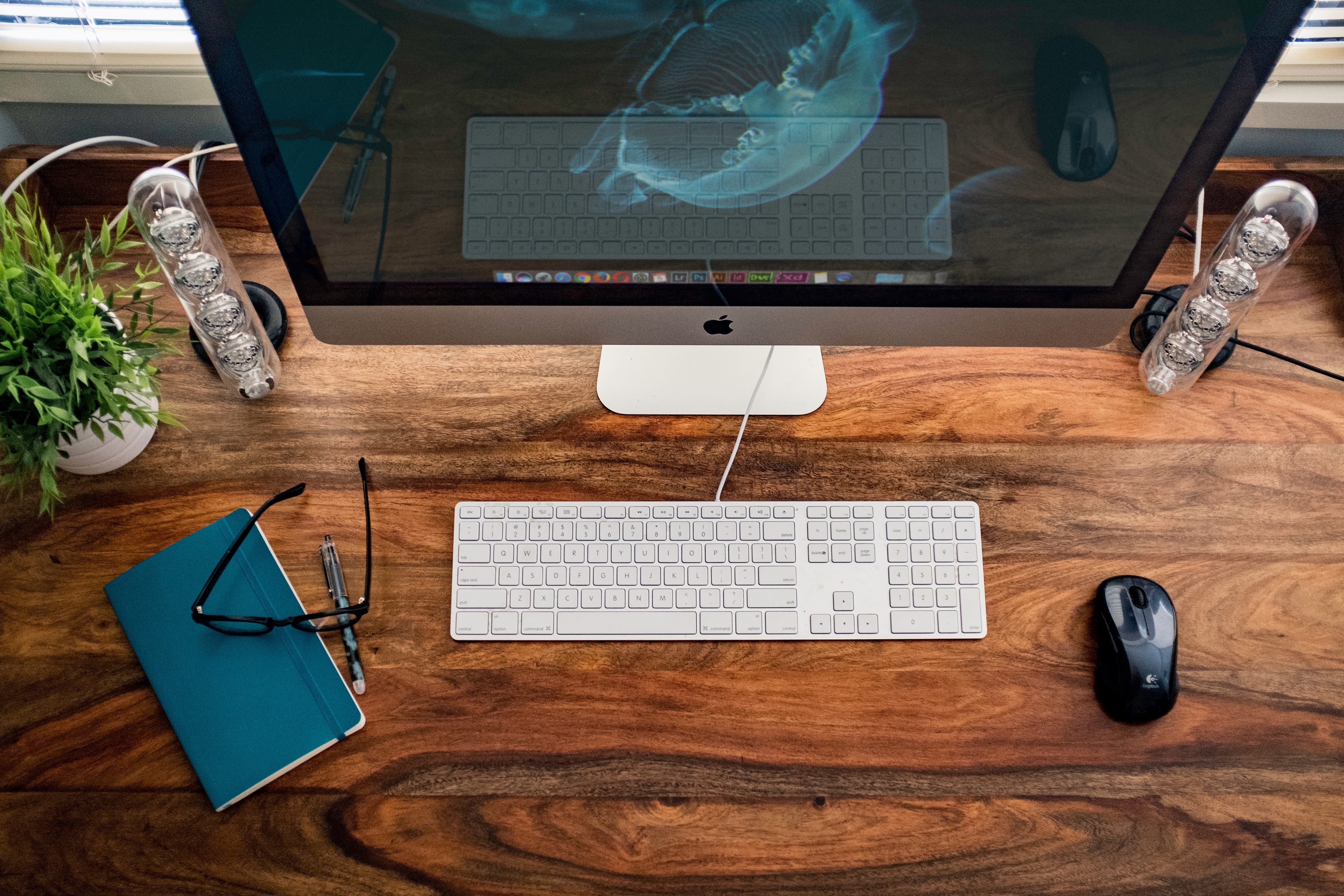Desk with iMac, keyboard, mouse, notebook, glasses, and plant HD Wallpaper