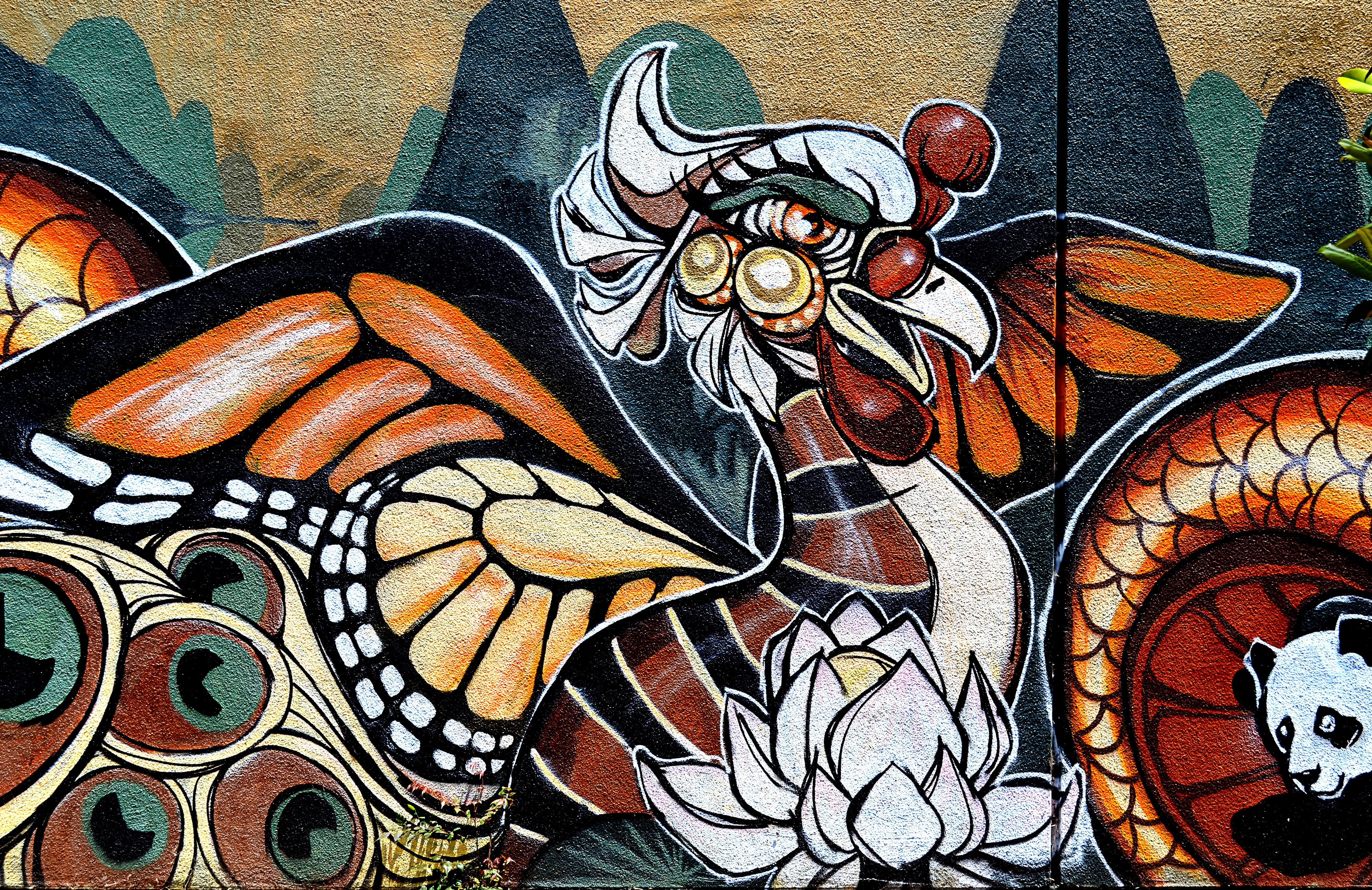 Graffiti mural of mythical creatures and a panda HD Wallpaper
