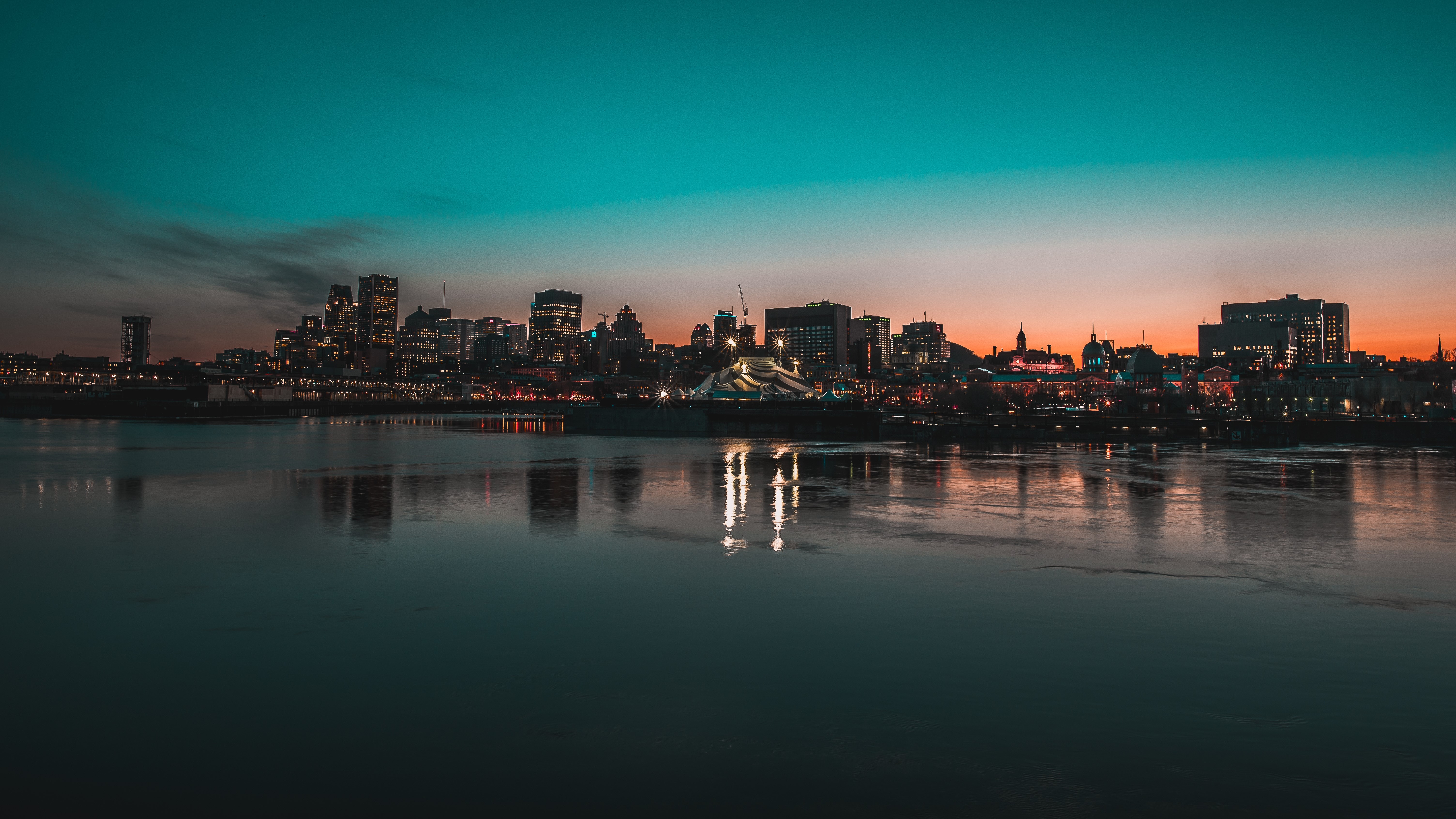 Sunrise over Quebec City Skyline with Waterfront Reflection HD Wallpaper