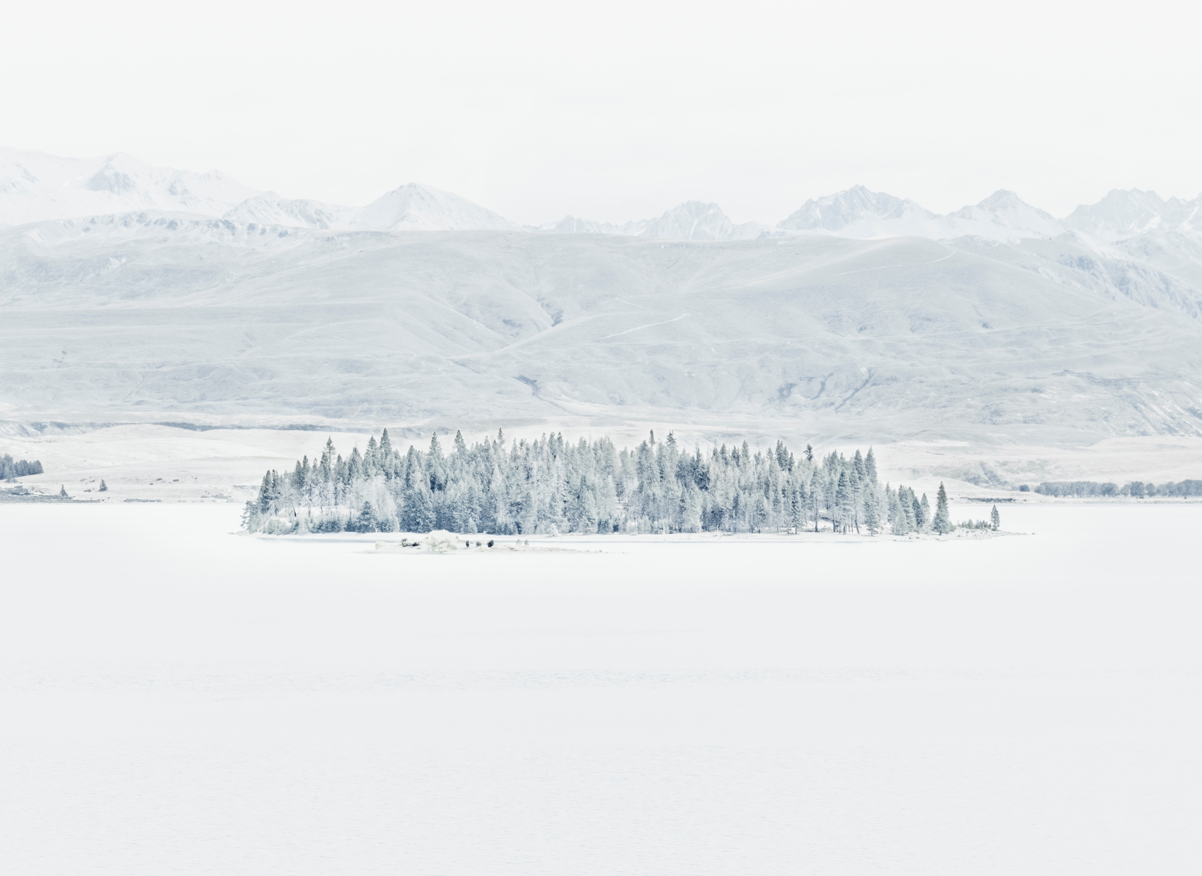 Snowy island forest with mountains in the background HD Wallpaper