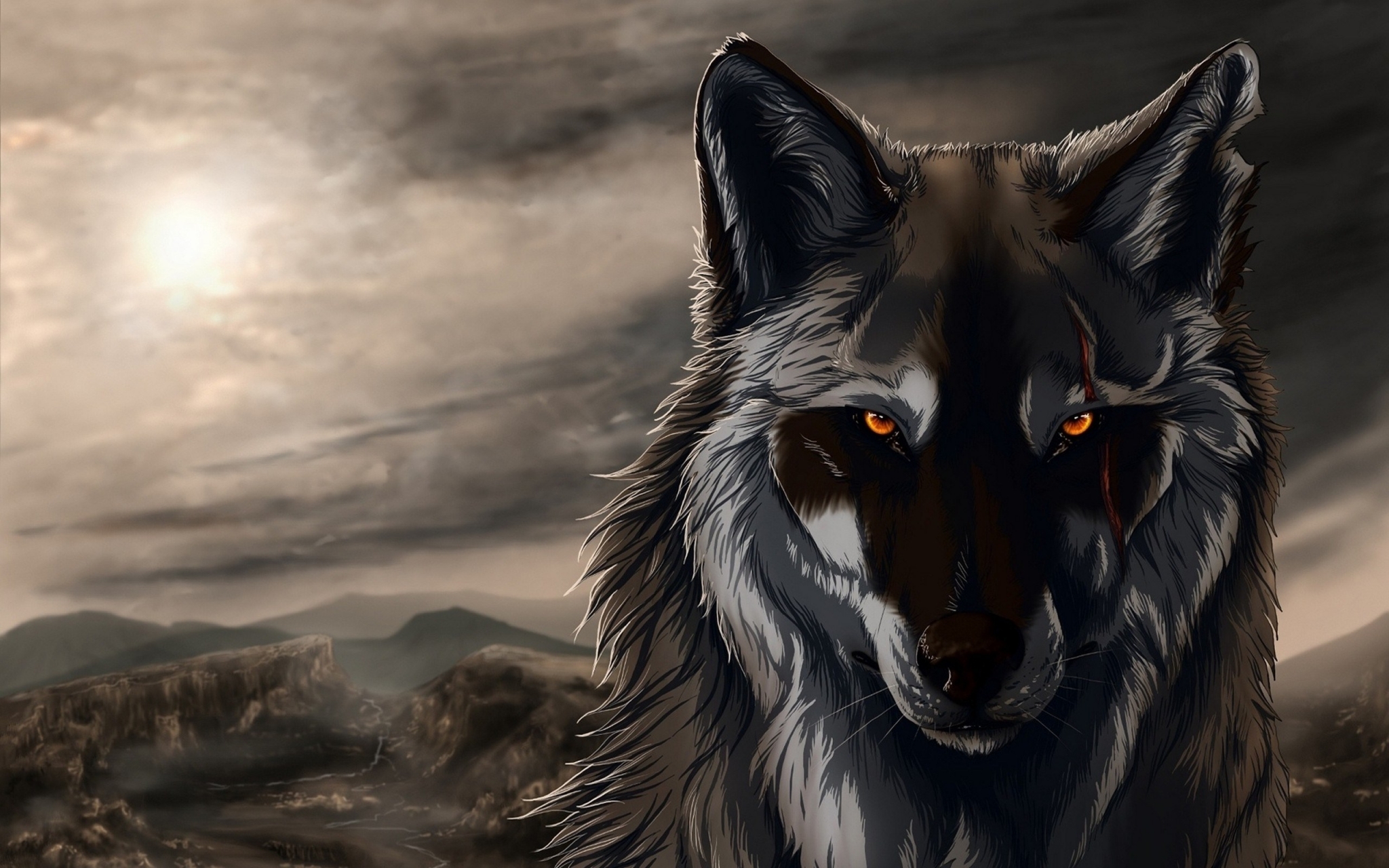 A wolf with glowing eyes in a desolate landscape HD Wallpaper