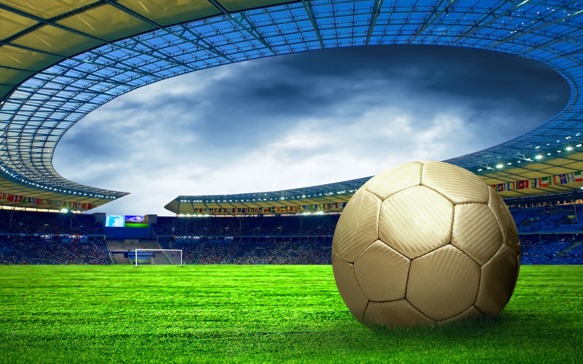 Golden Soccer Ball on Stadium Field HD Wallpaper