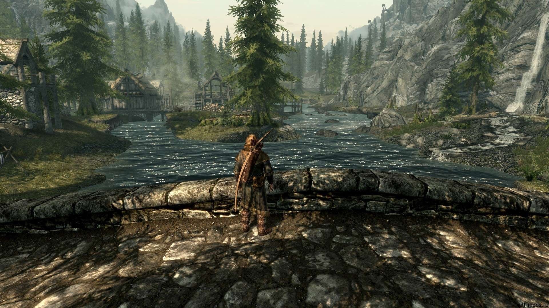 The Elder Scrolls V: Skyrim landscape with a character HD Wallpaper