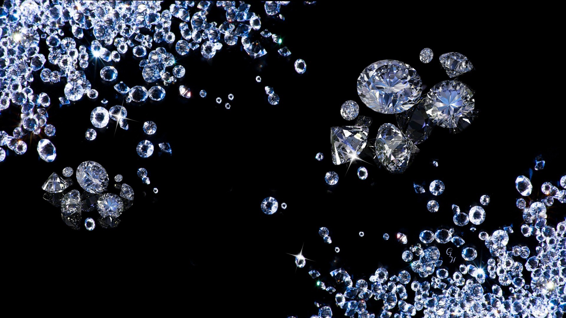 Scattered diamonds on a black background HD Wallpaper