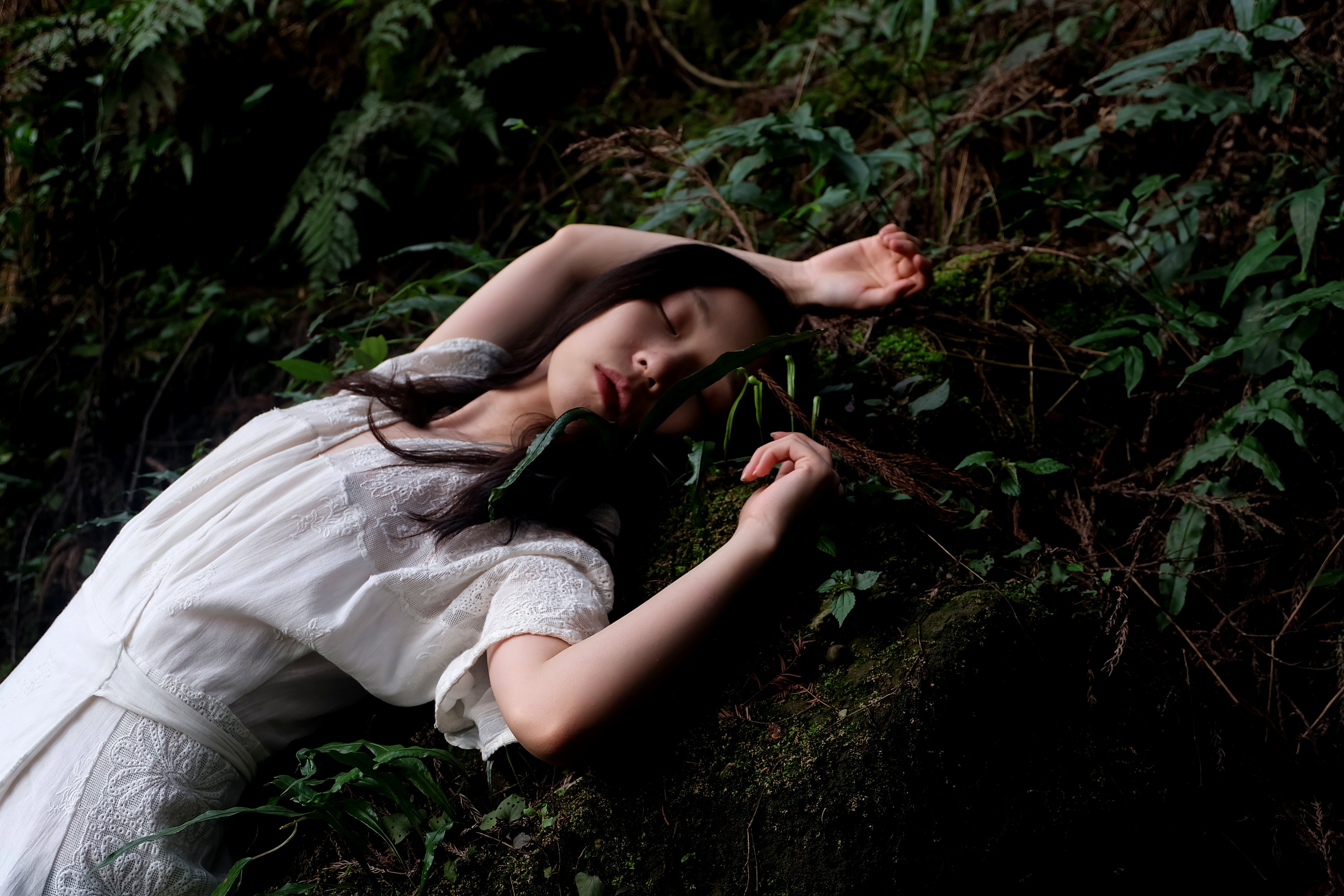 Asian woman sleeping in a forest HD Wallpaper