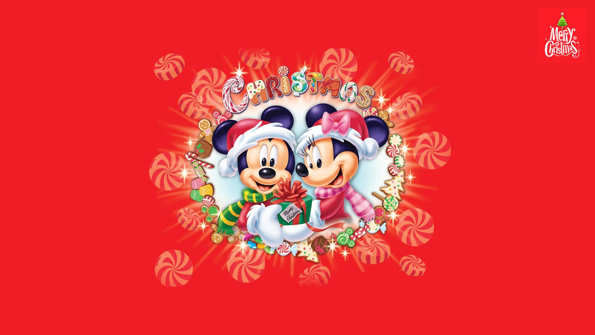 Mickey and Minnie Mouse Christmas with Candies HD Wallpaper