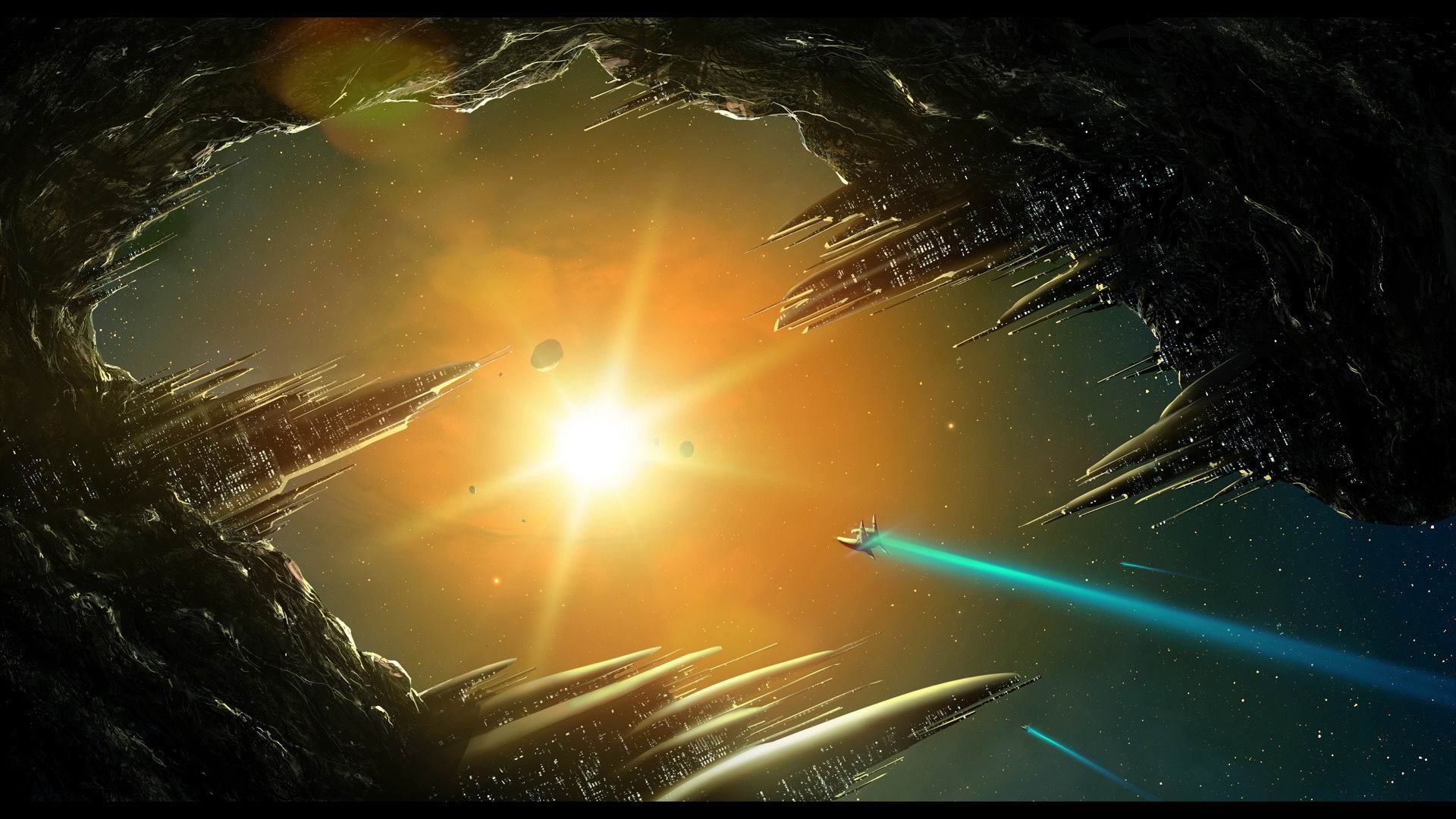 Spaceships near a bright sun in a rocky cavern HD Wallpaper