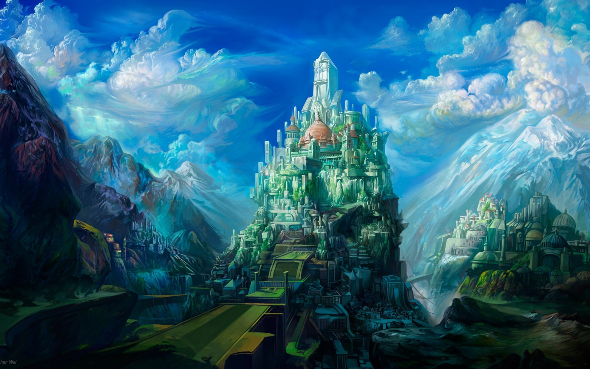 Fantasy castle on a mountain under a cloudy sky HD Wallpaper