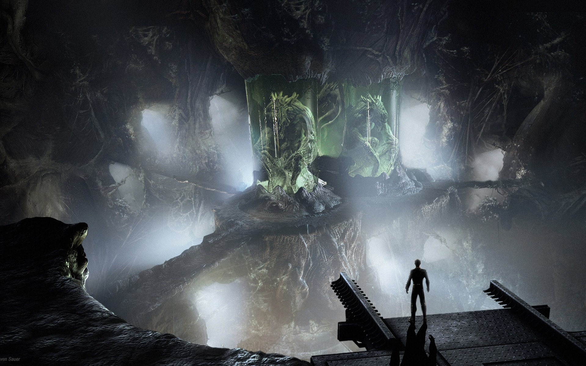Alien eggs in a dark, misty cave with a person observing HD Wallpaper
