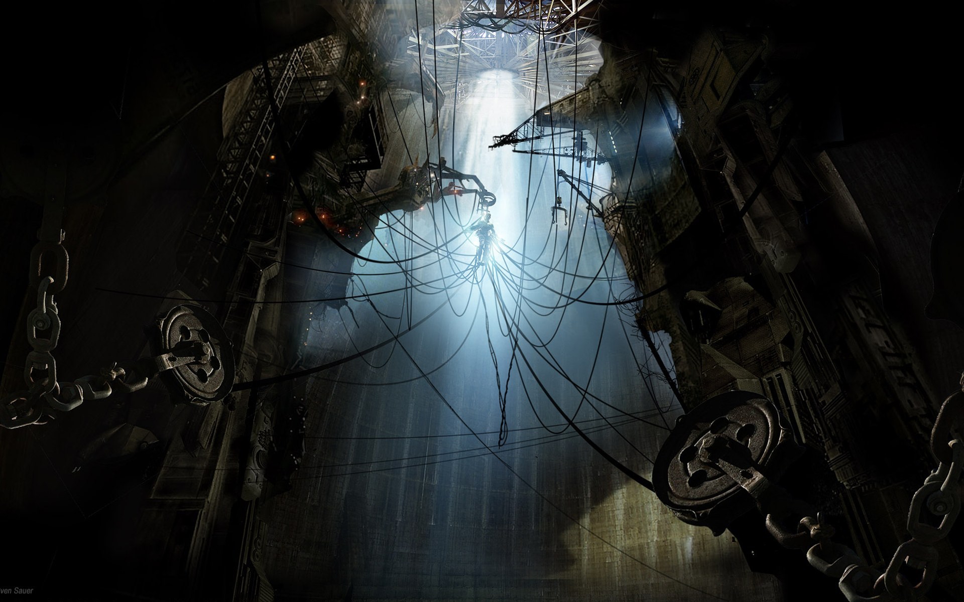 A dark industrial cavern with a central light source HD Wallpaper
