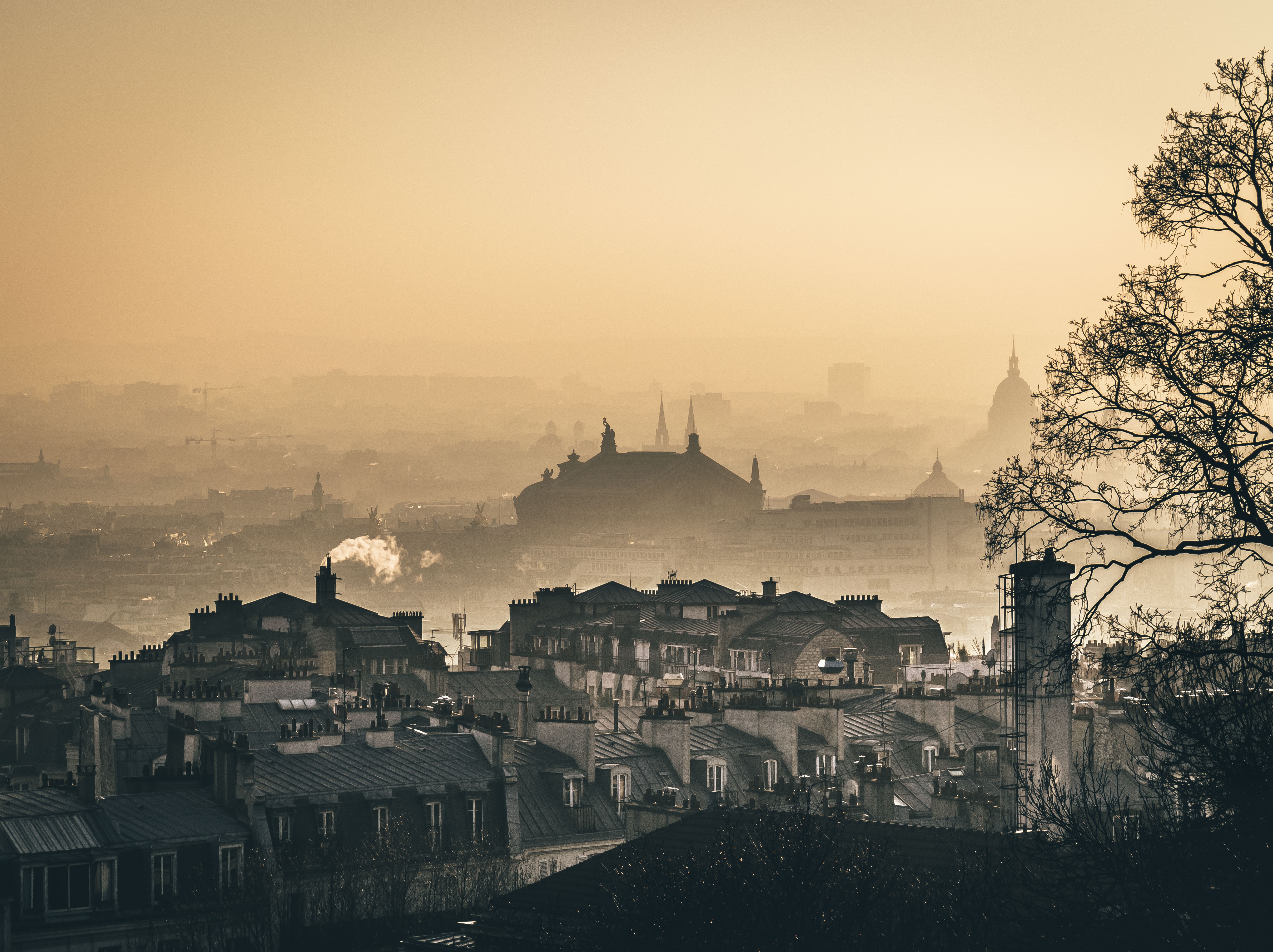 Parisian cityscape at sunrise with fog HD Wallpaper