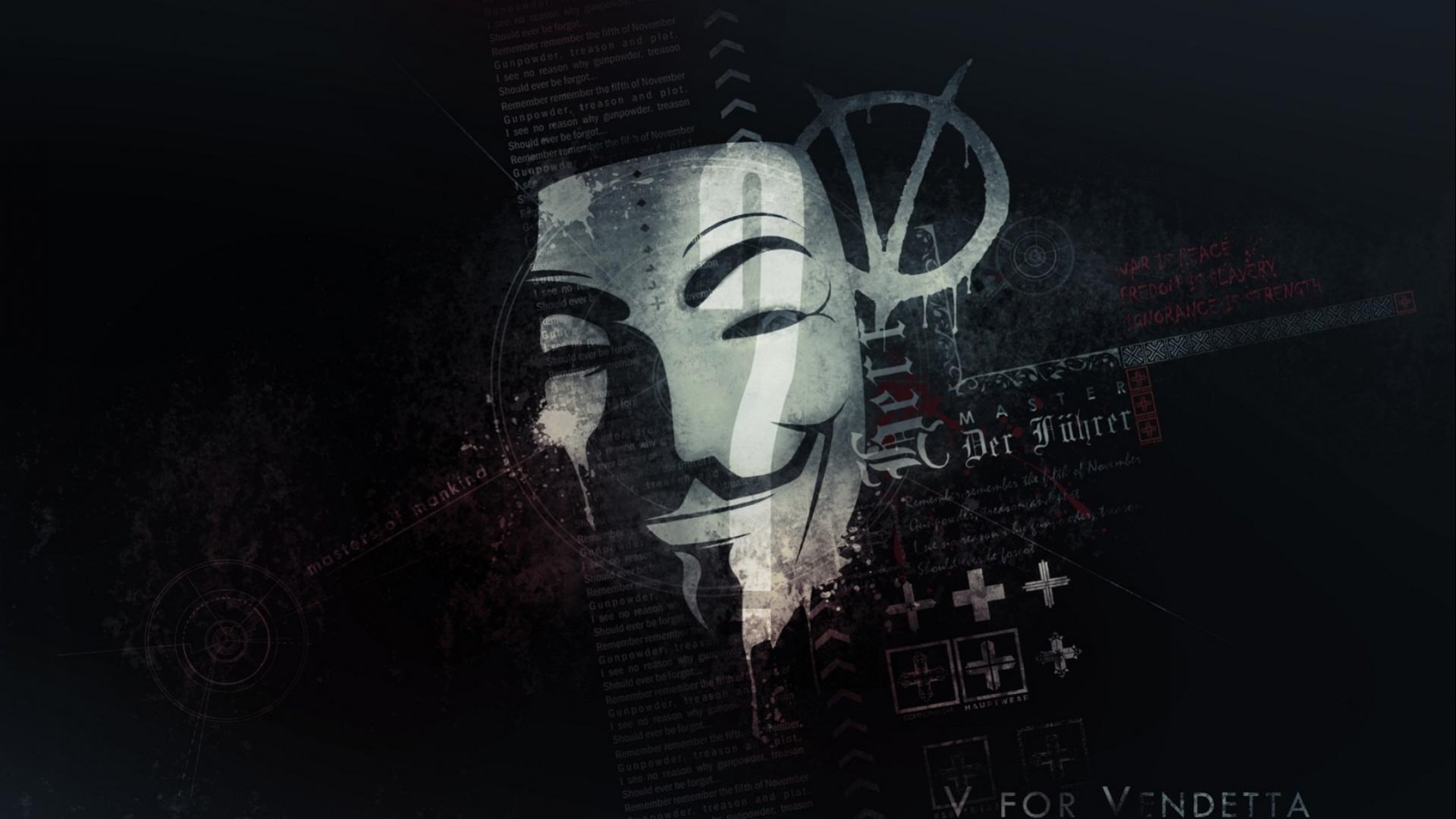 V for Vendetta mask with V symbol and text HD Wallpaper