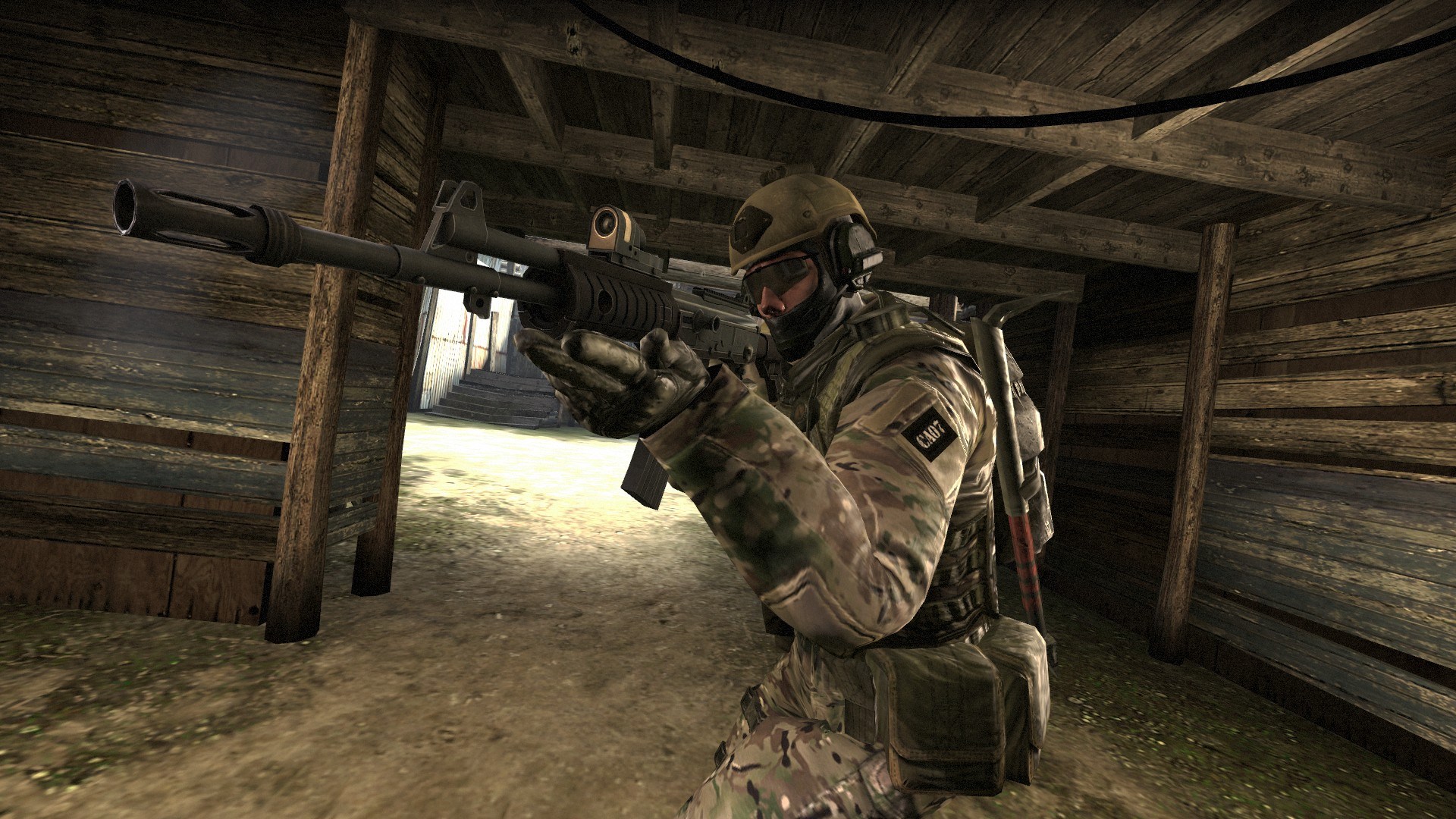 Soldier aiming rifle in wooden structure HD Wallpaper