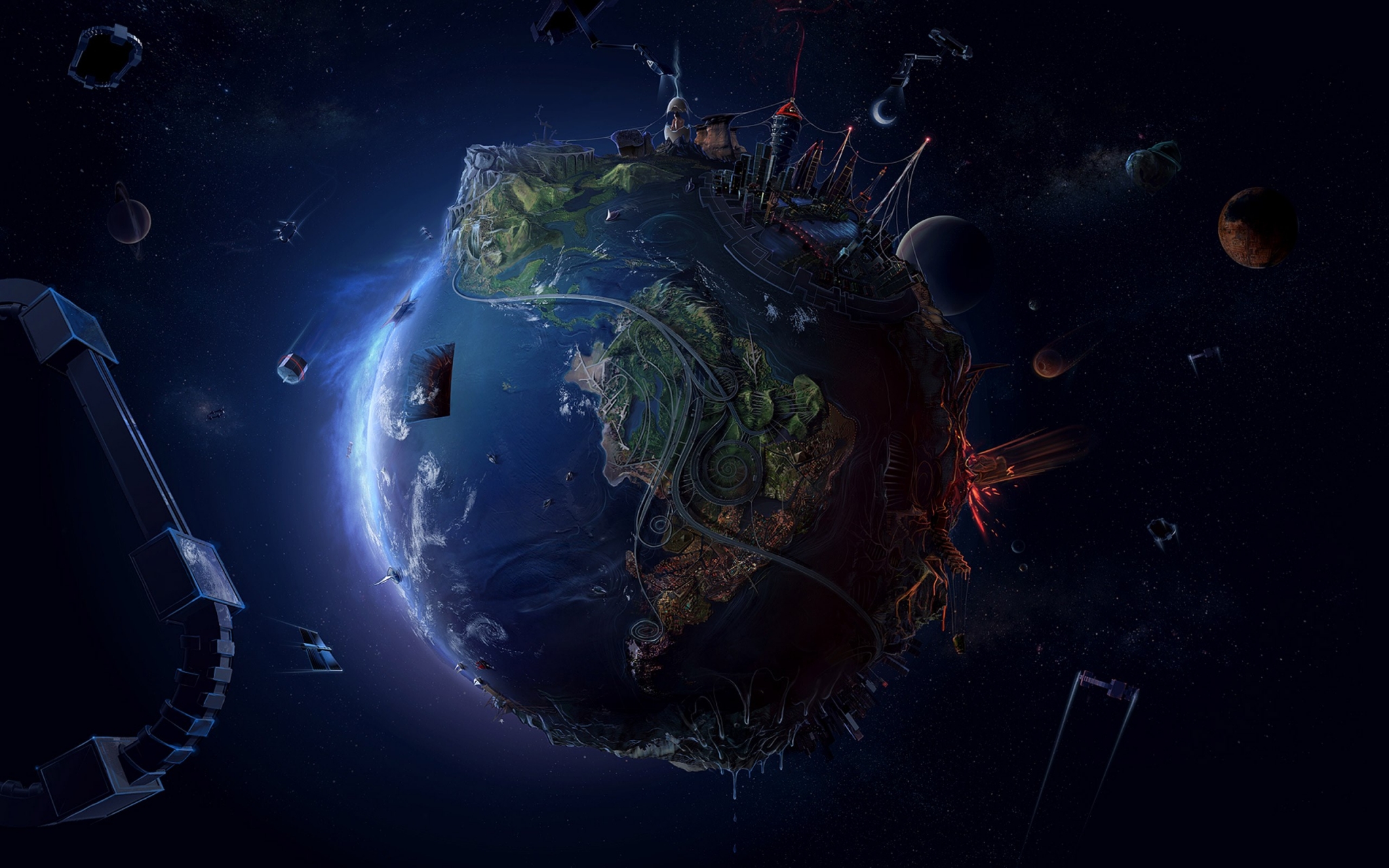 Surreal Earth with Structures in Space HD Wallpaper
