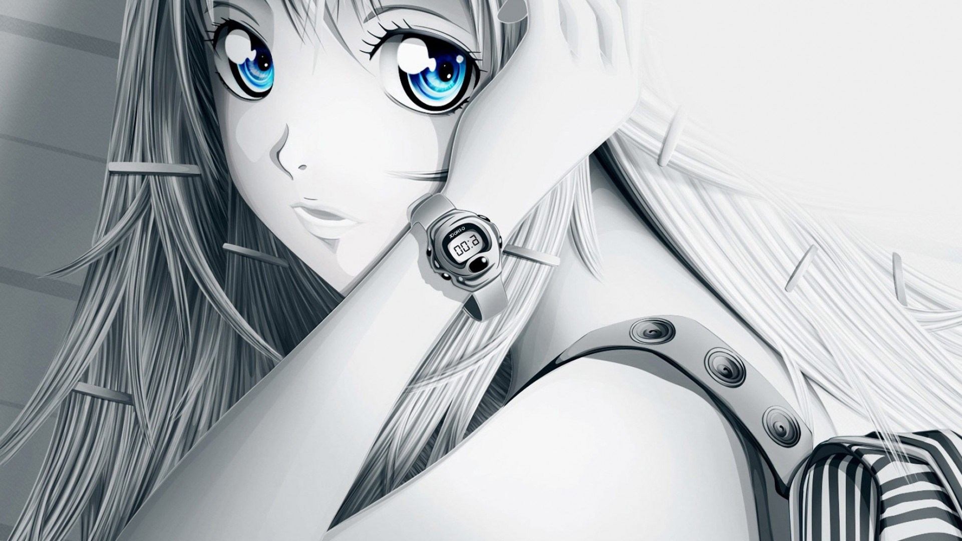 Anime girl with blue eyes and long hair wearing a watch HD Wallpaper