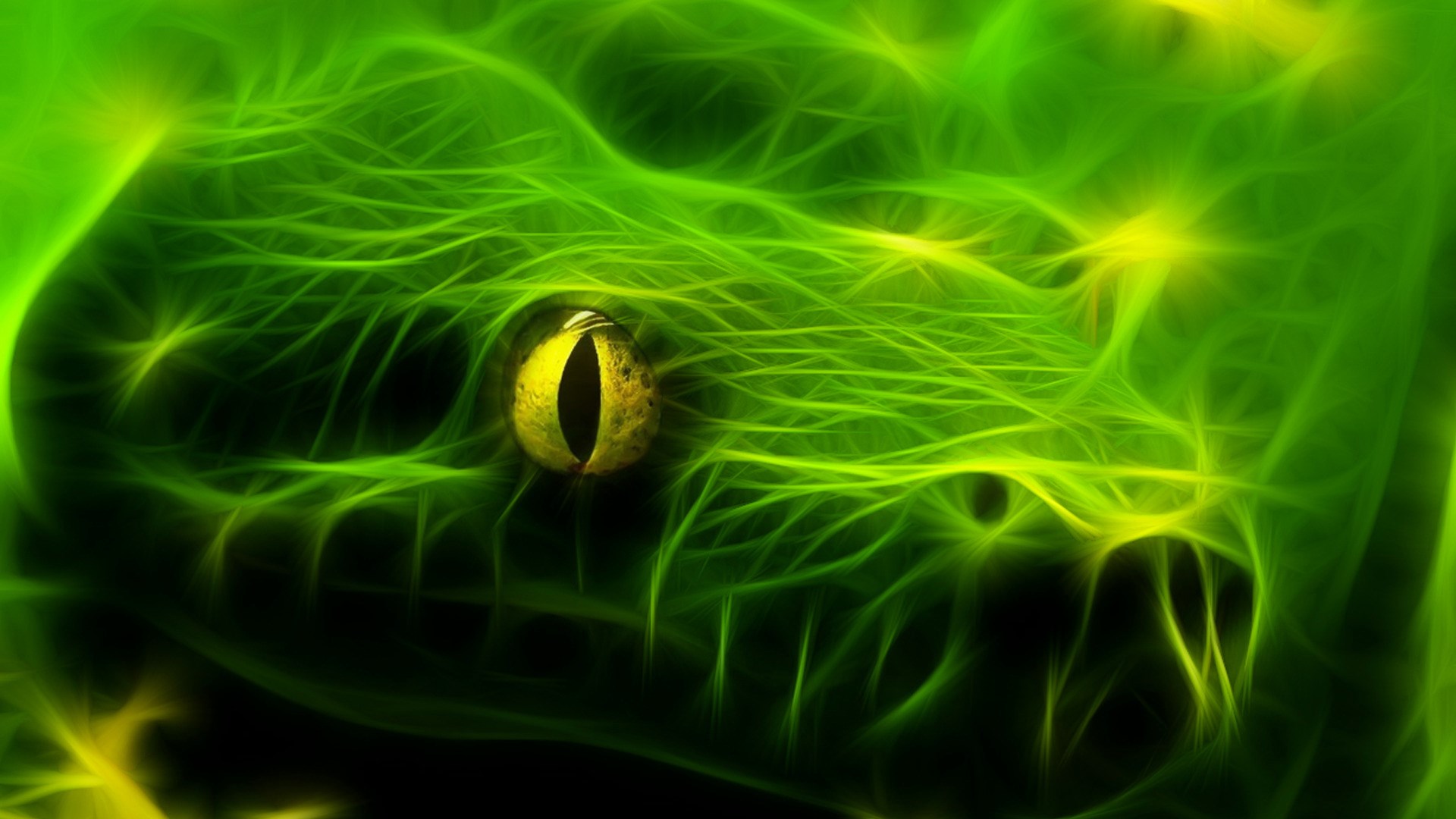 Green snake with glowing patterns and yellow eye HD Wallpaper
