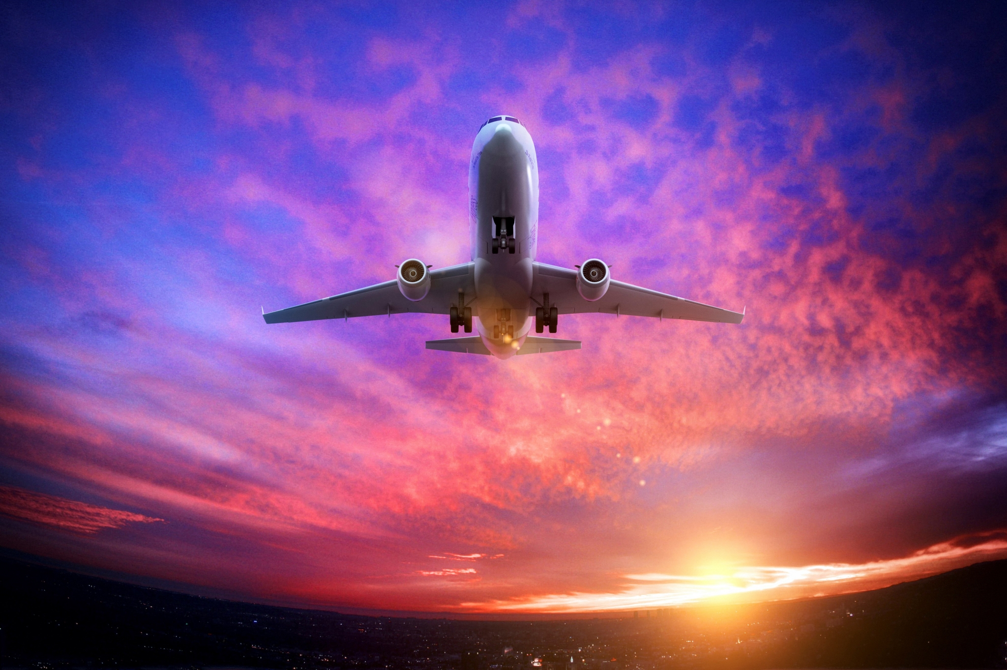 Airplane flying at sunset HD Wallpaper