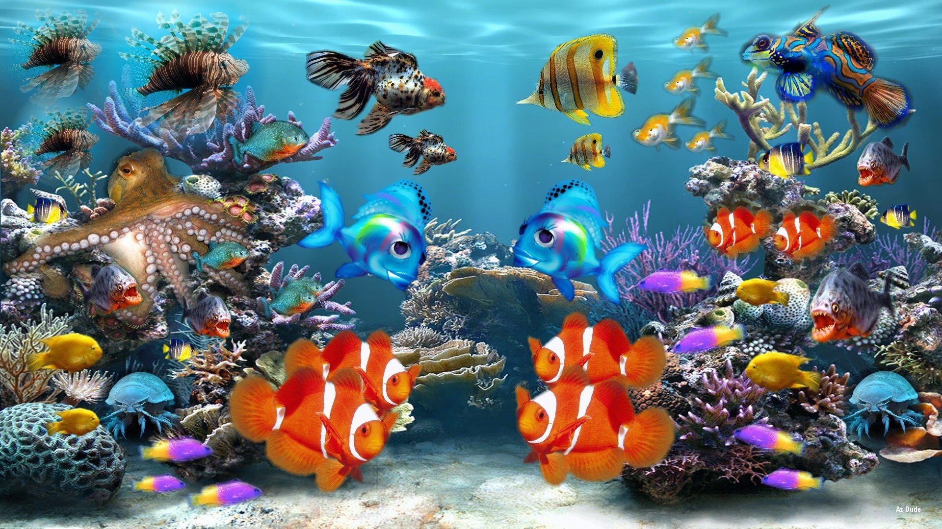 Underwater scene with octopus and various fish HD Wallpaper