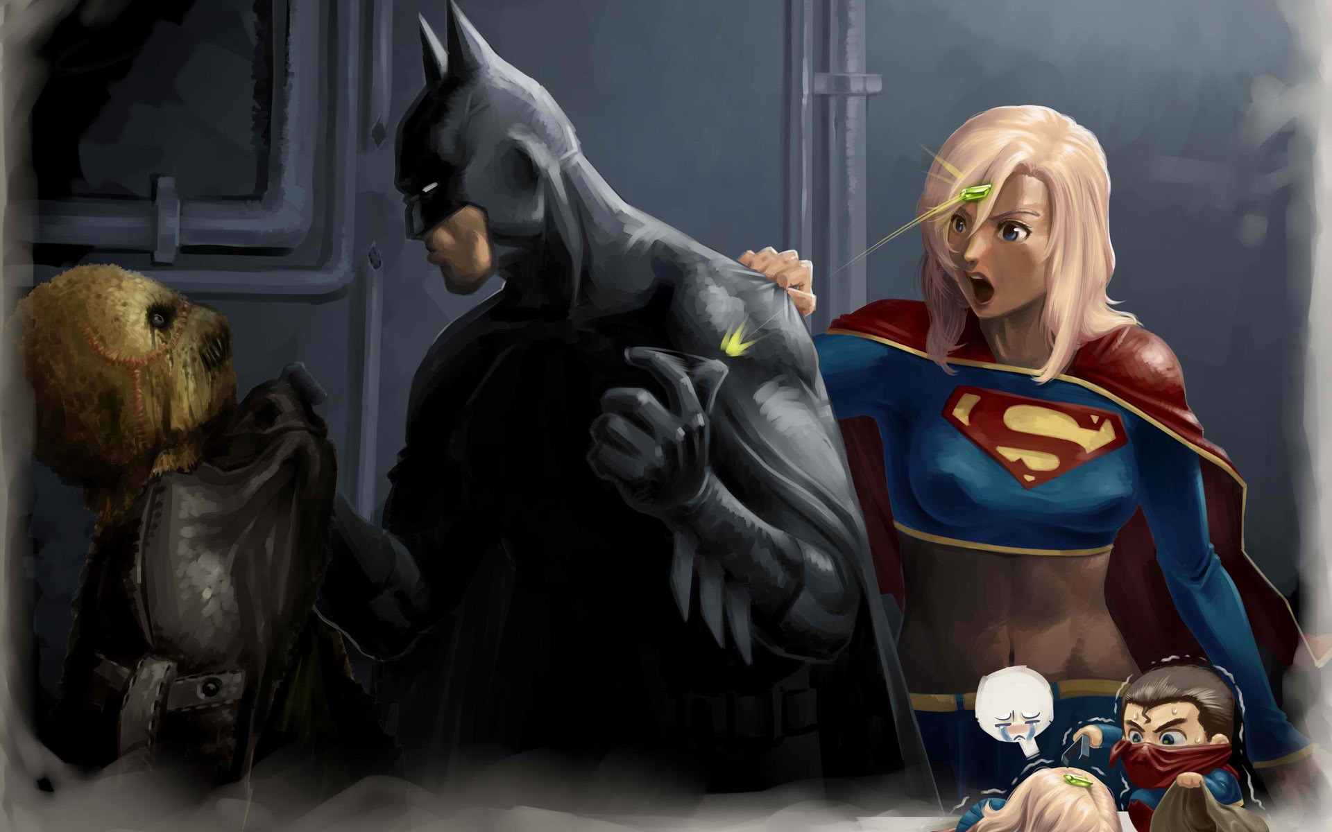 Supergirl, Batman, and Scarecrow in a confrontation HD Wallpaper