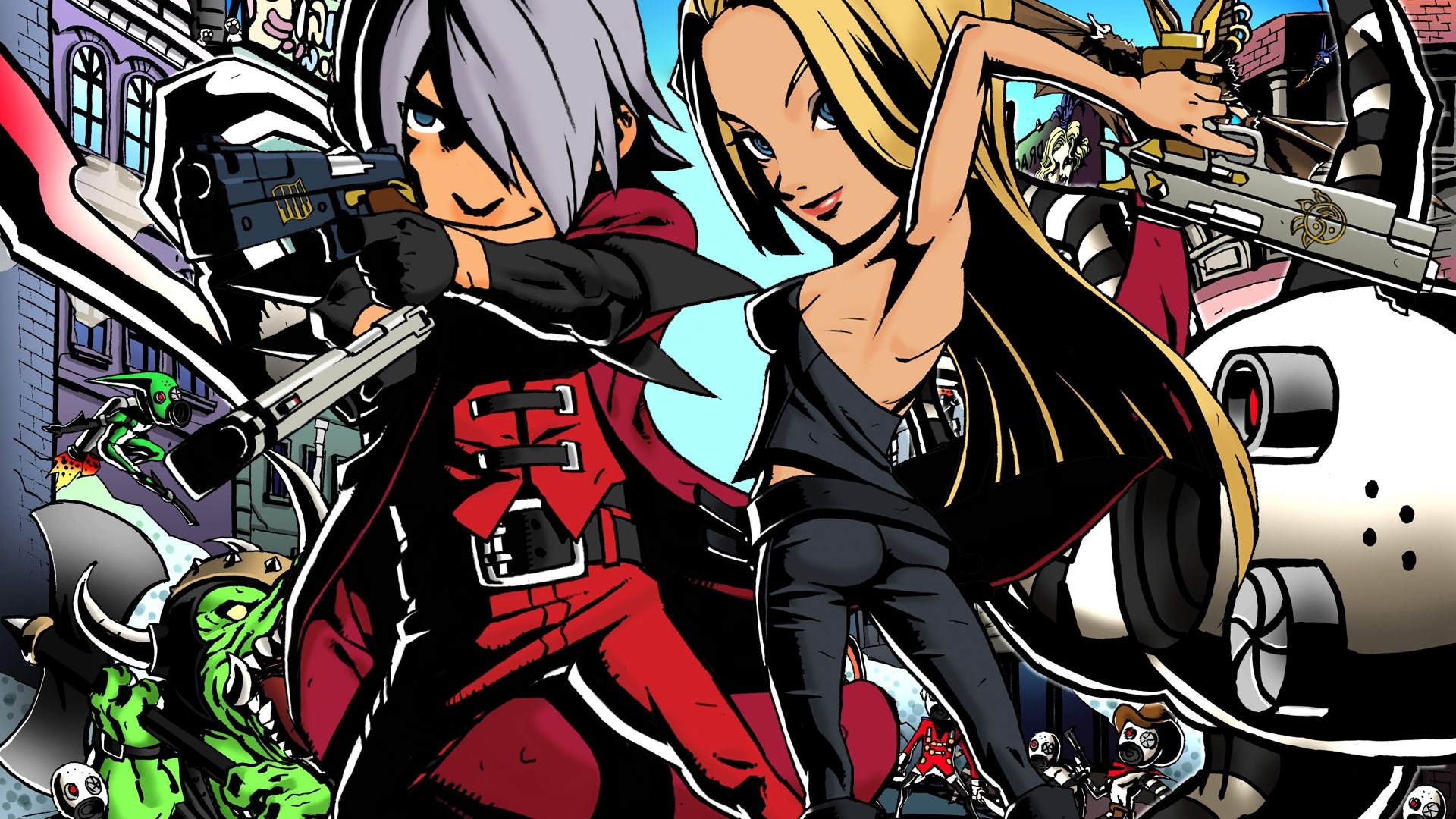 Viewtiful Joe characters with guns and monsters HD Wallpaper
