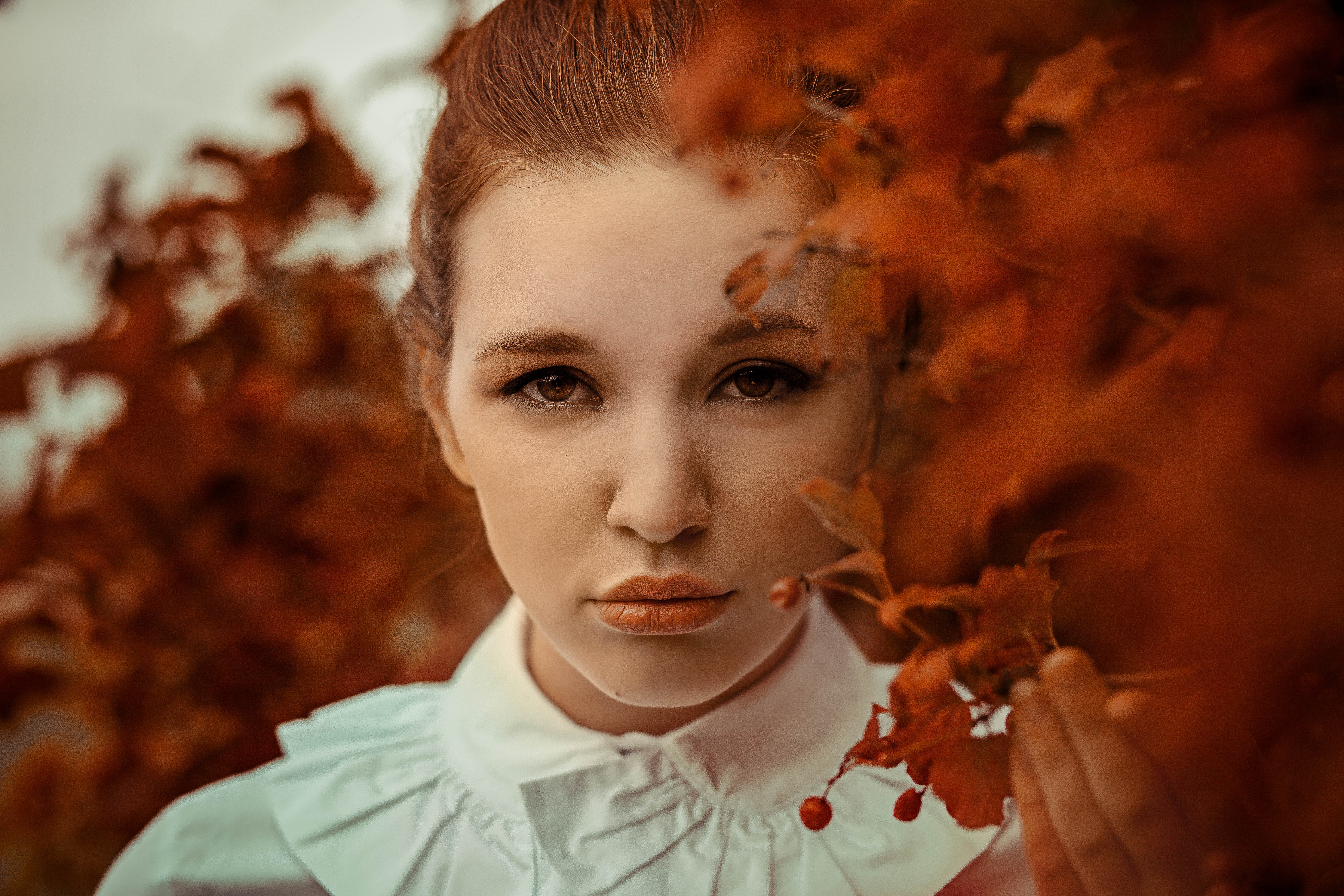 Woman with red hair and autumn leaves HD Wallpaper