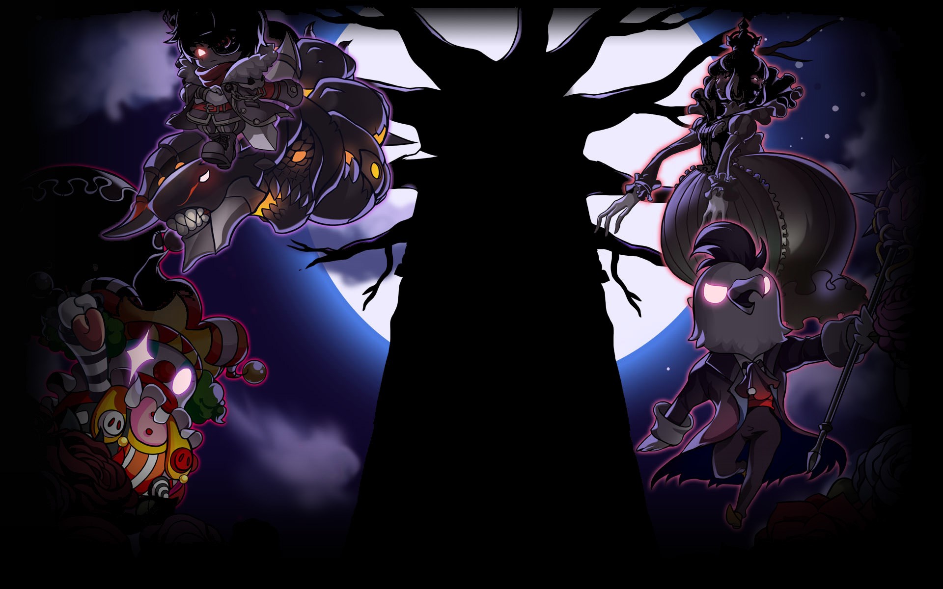 MapleStory characters in front of a large tree and moon HD Wallpaper