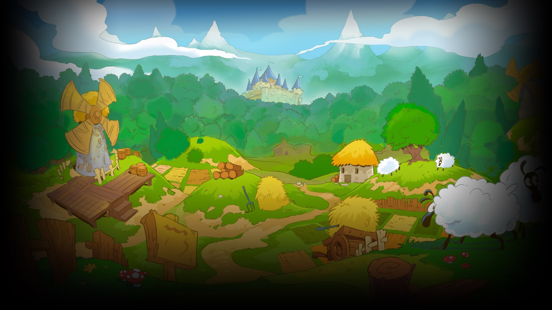 Cartoon village with windmill and castle HD Wallpaper