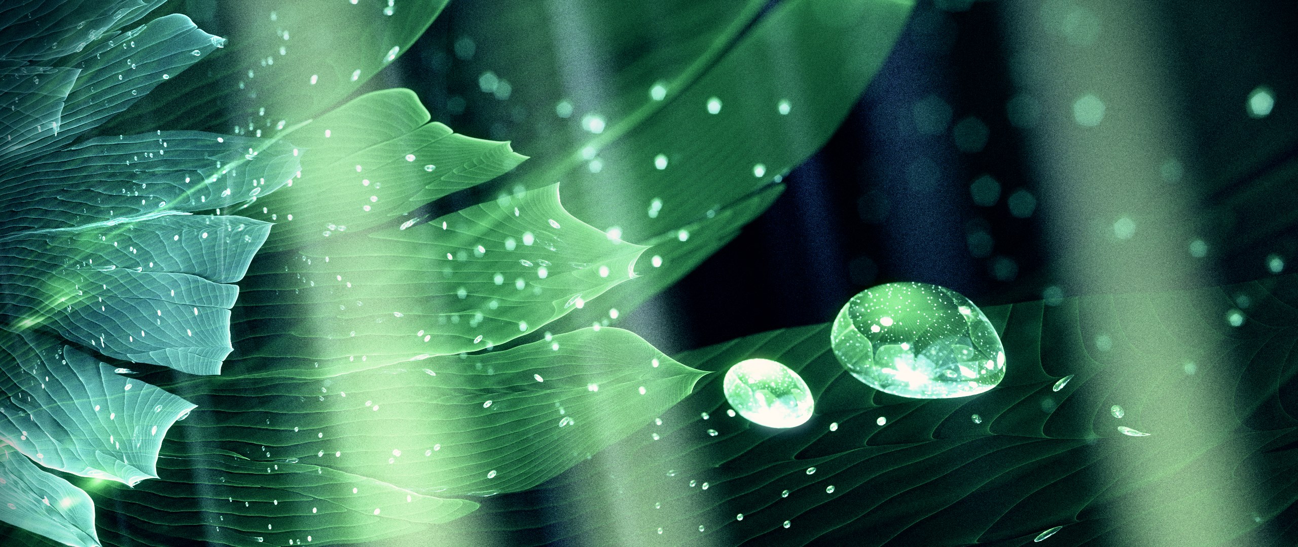 Glowing Fractal Leaves with Dew Drops HD Wallpaper