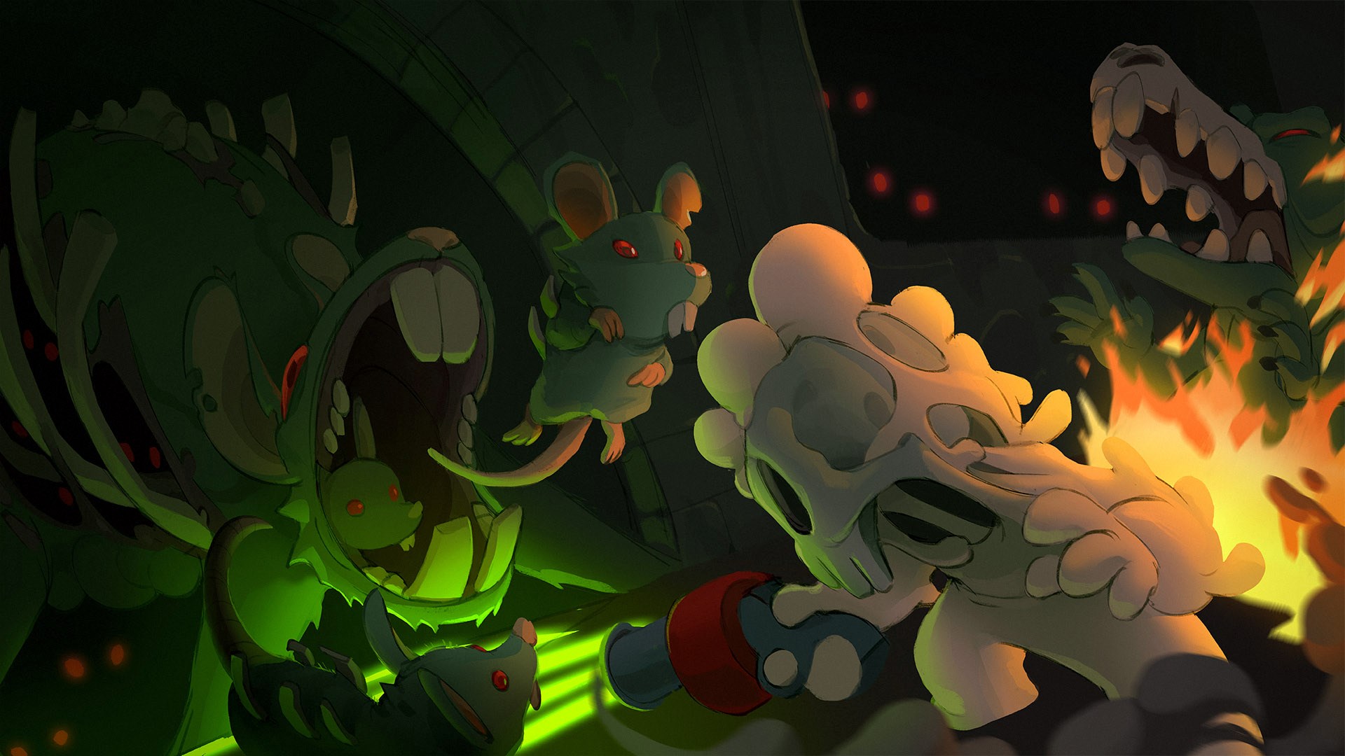 Nuclear Throne: A skeletal character fights rats and a crocodile HD Wallpaper