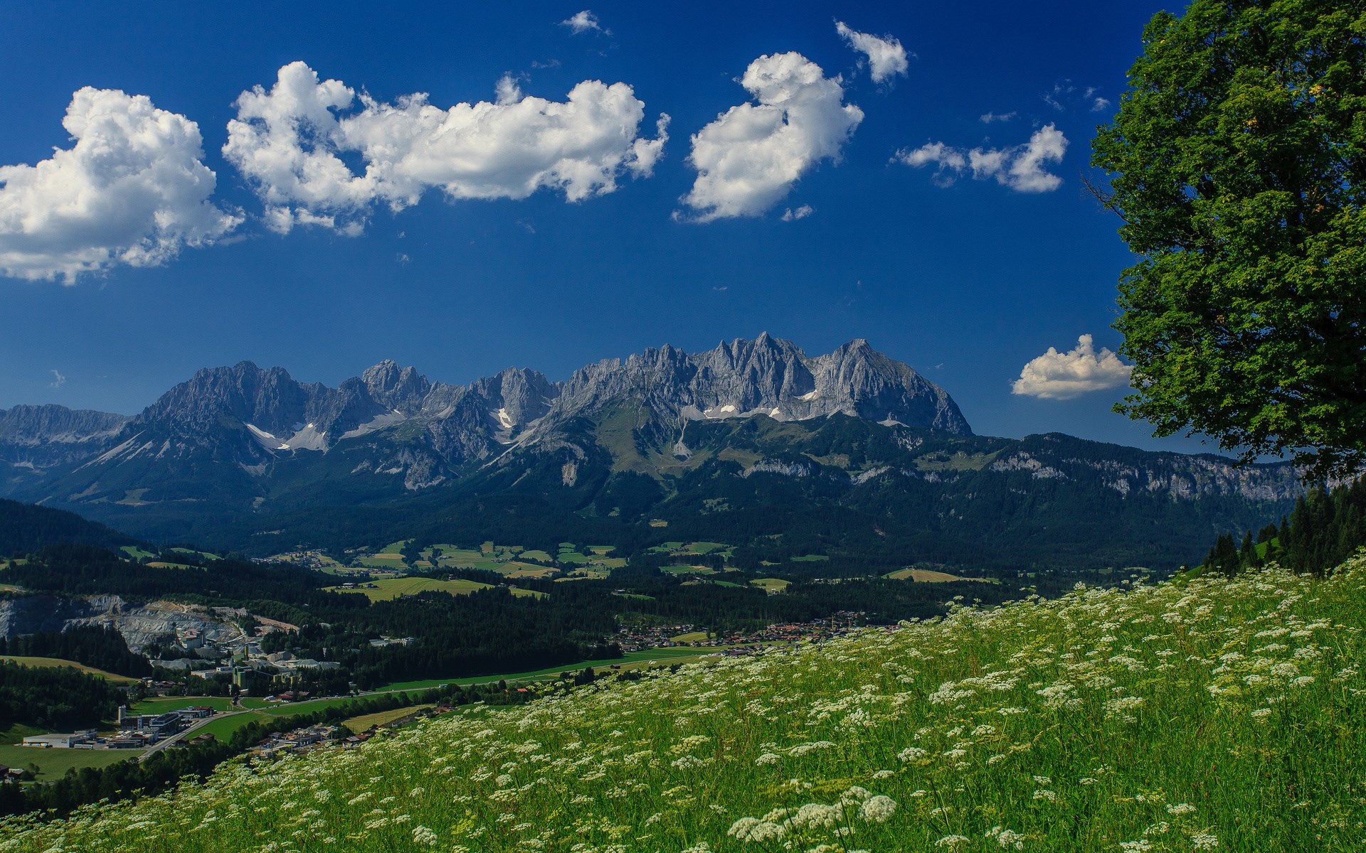 Mountain range with clouds and green meadow HD Wallpaper