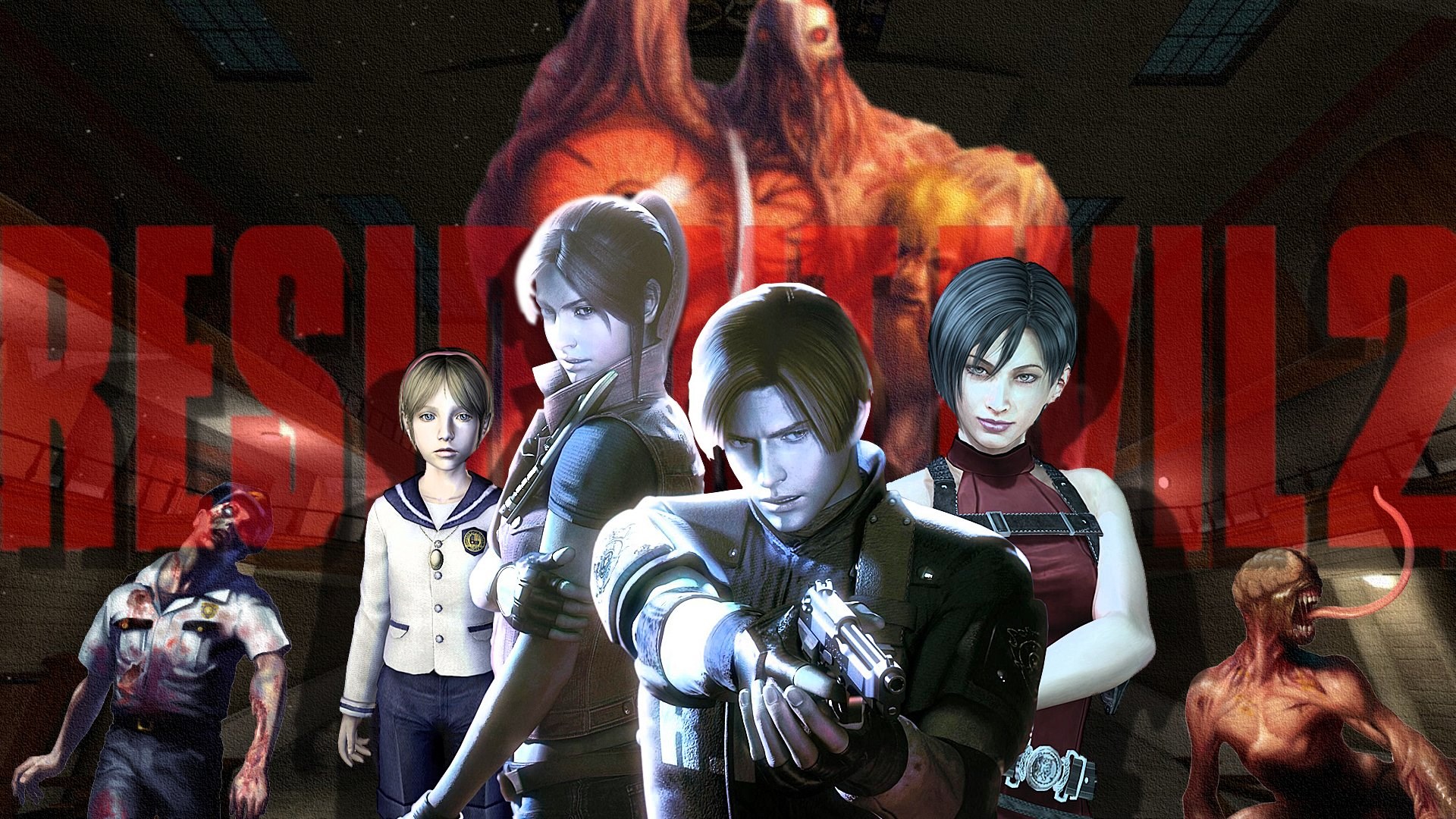 Characters from Resident Evil 2 with zombies HD Wallpaper