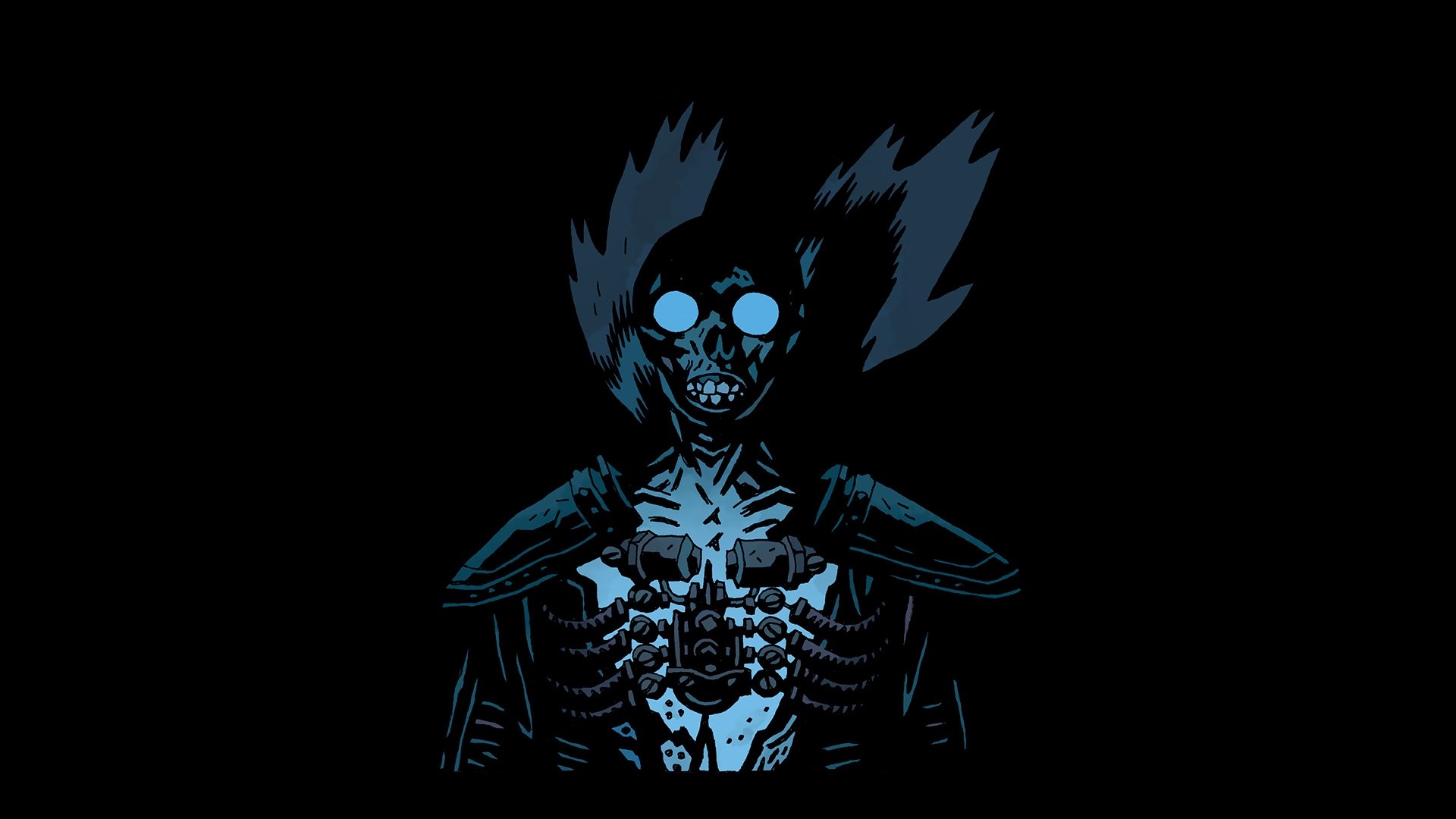Skeleton with mechanical chest and glowing eyes HD Wallpaper