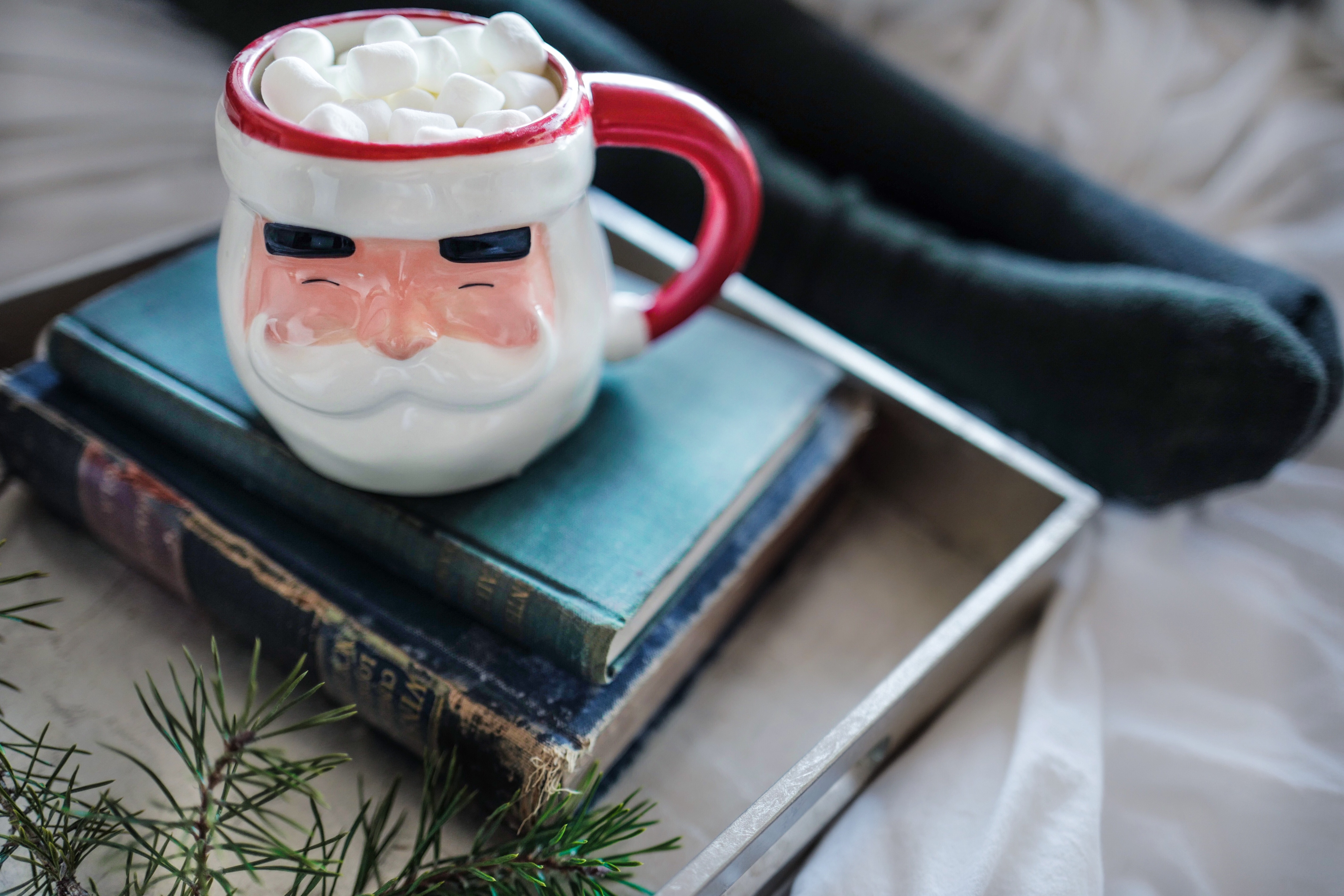 Santa mug with marshmallows on books HD Wallpaper