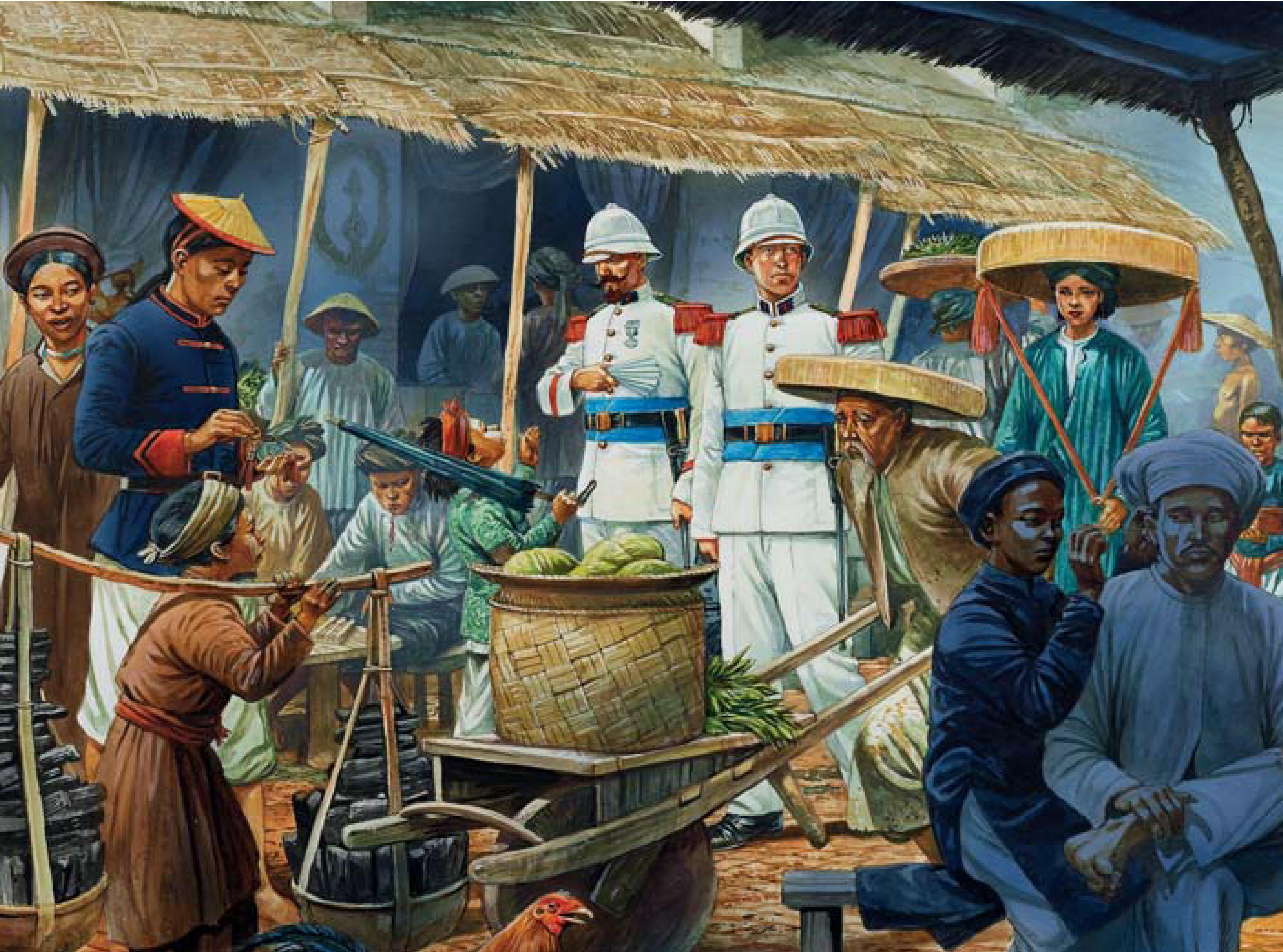 Colonial soldiers in a bustling market scene HD Wallpaper