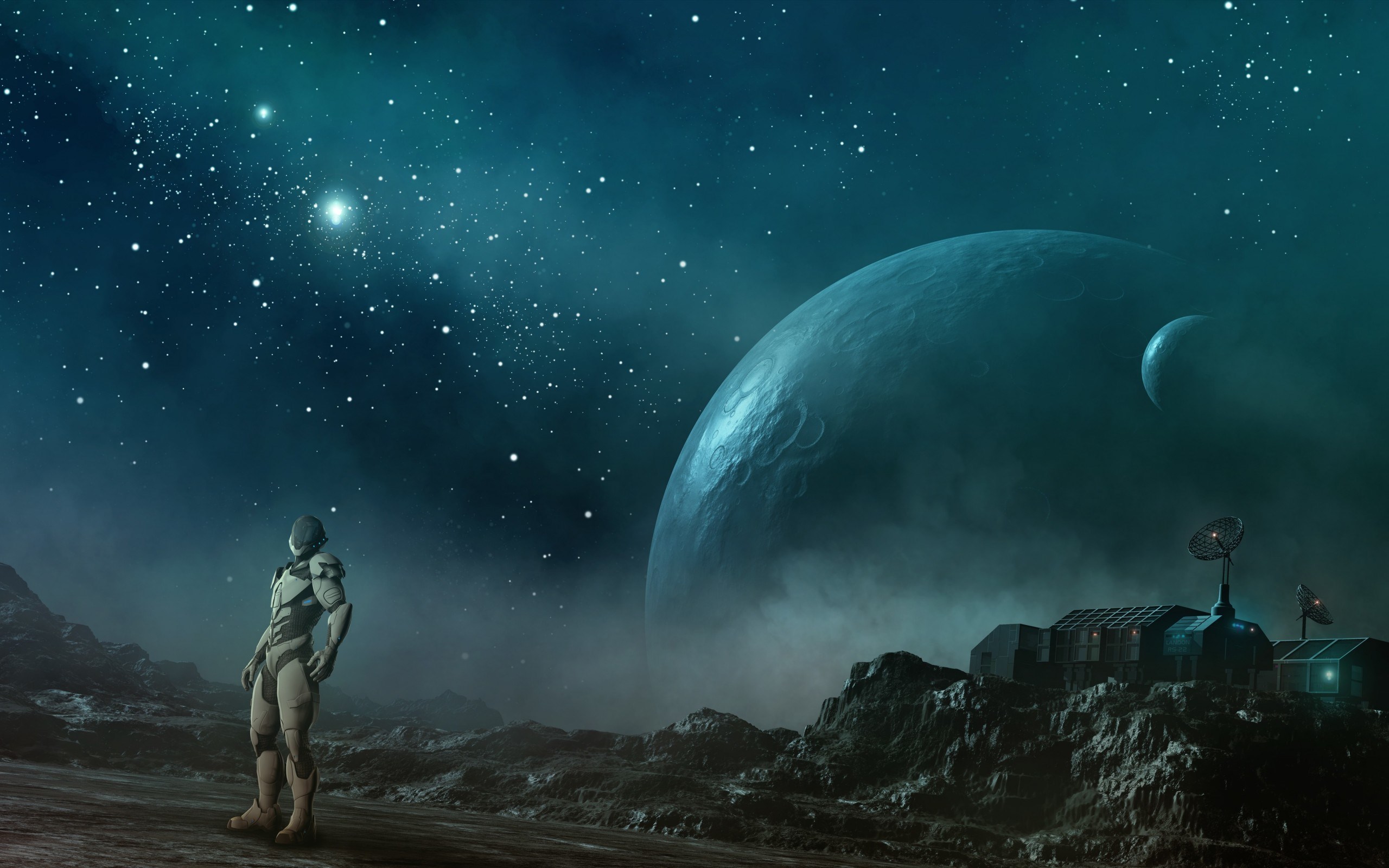 Astronaut on alien planet looking at stars and planet HD Wallpaper