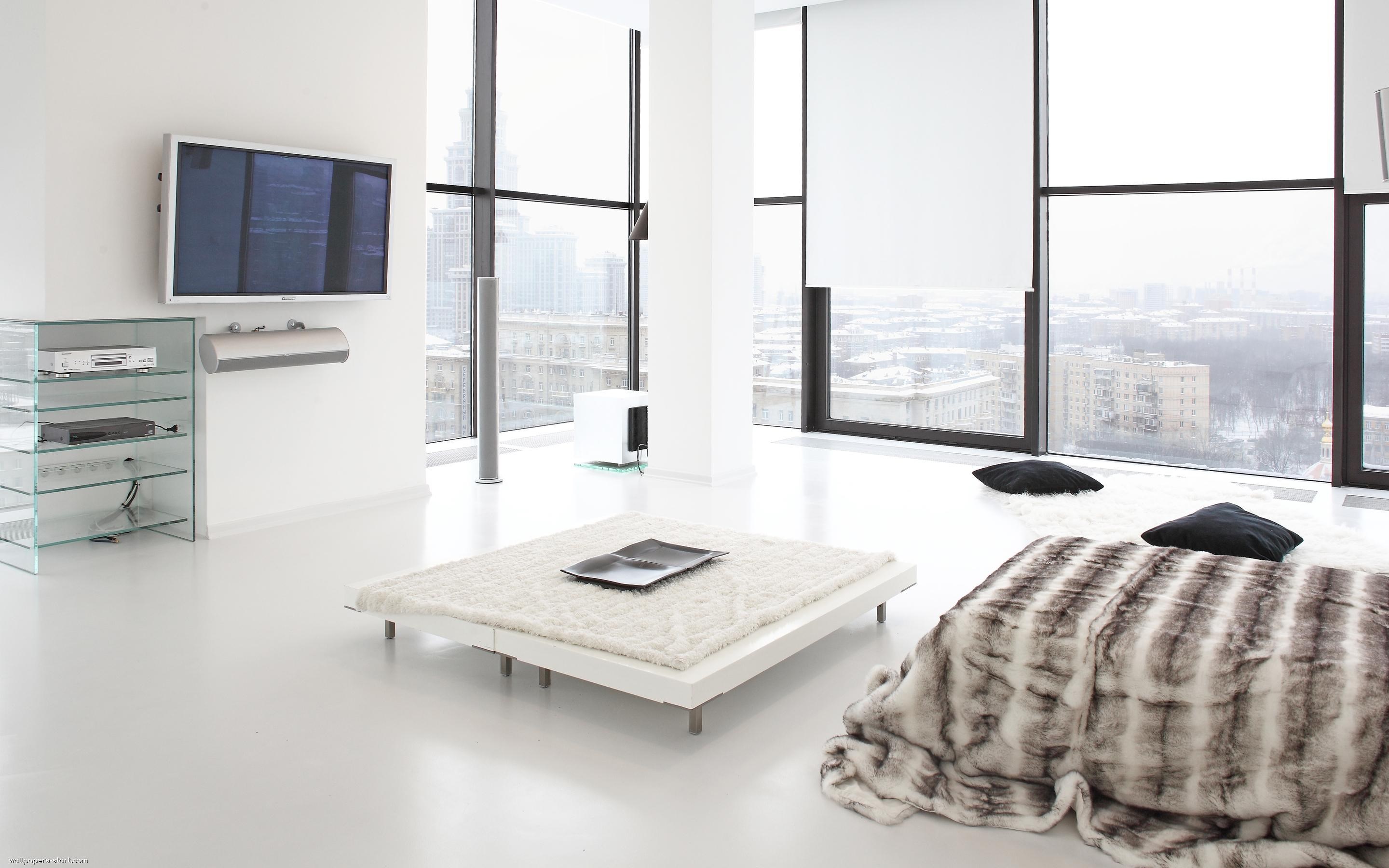 Modern living room with large windows HD Wallpaper