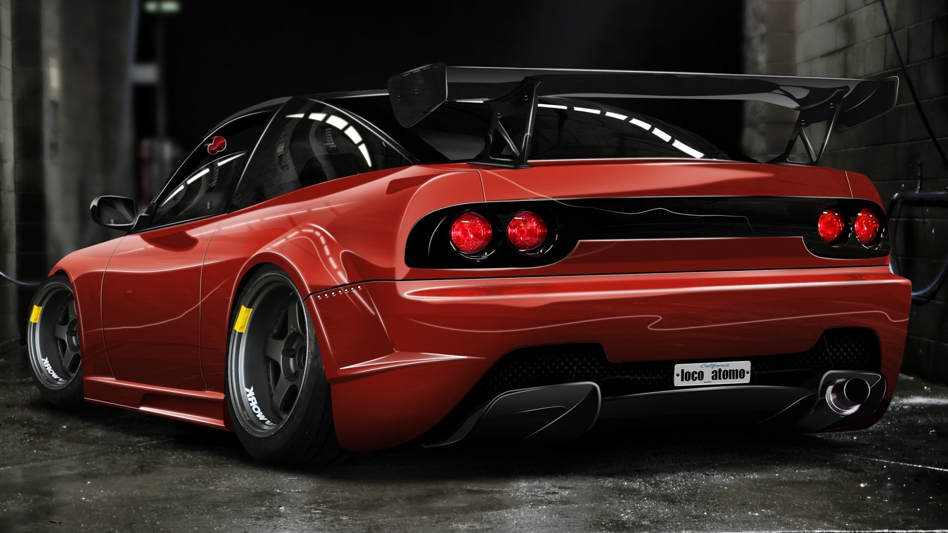 Red Nissan 240SX with large spoiler HD Wallpaper