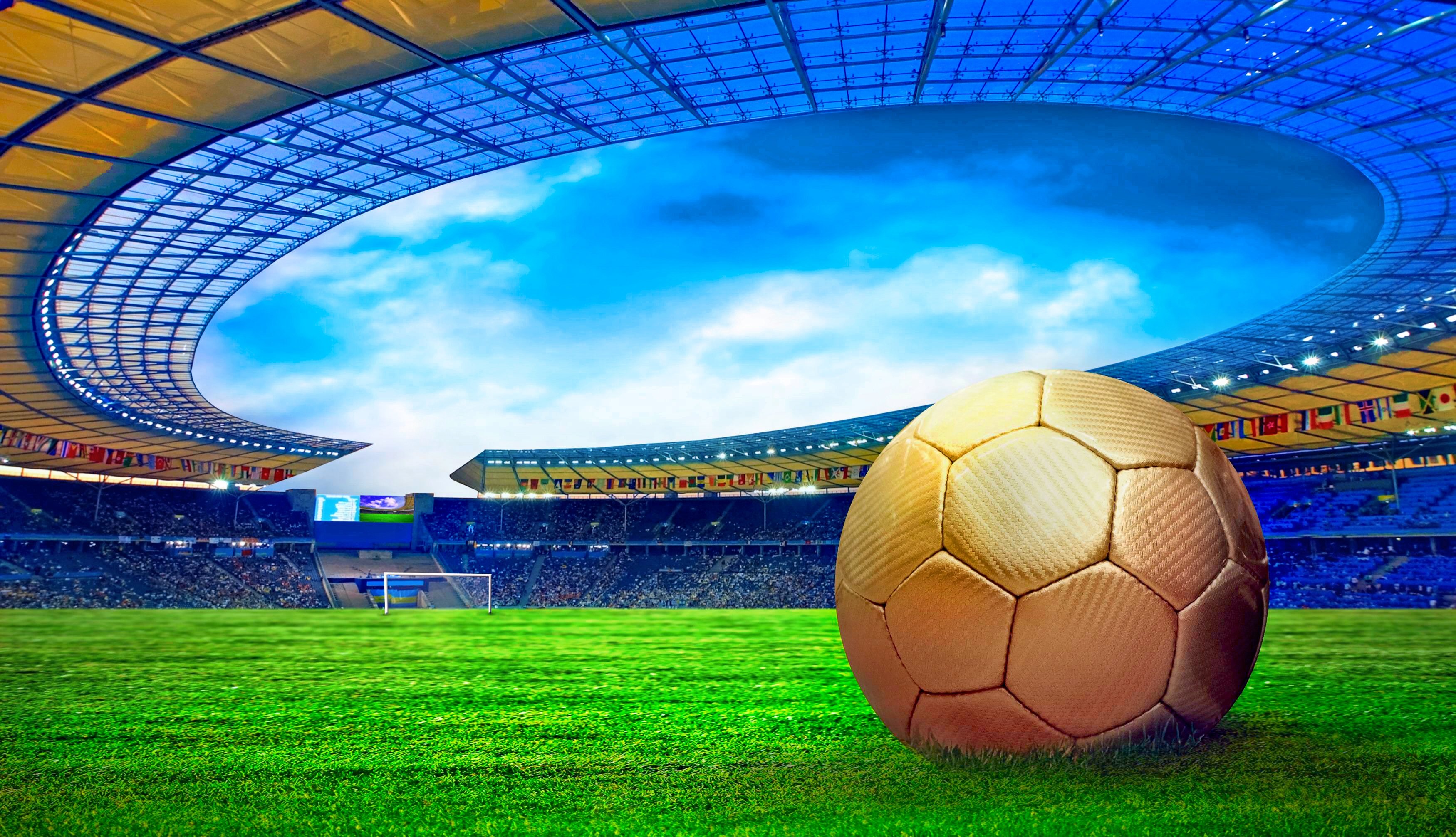 Soccer ball on a stadium field HD Wallpaper