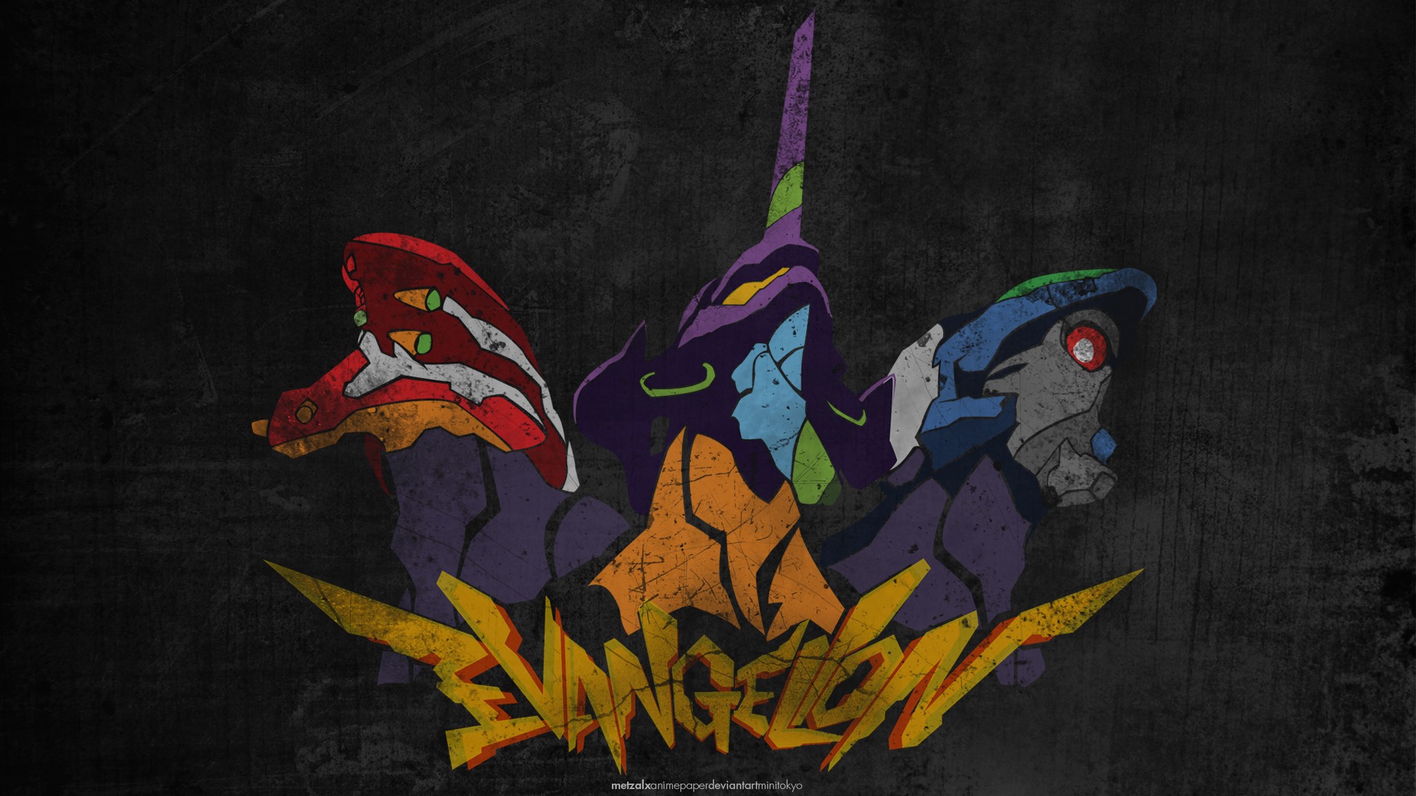 Evangelion mechs on a dark background HD Wallpaper