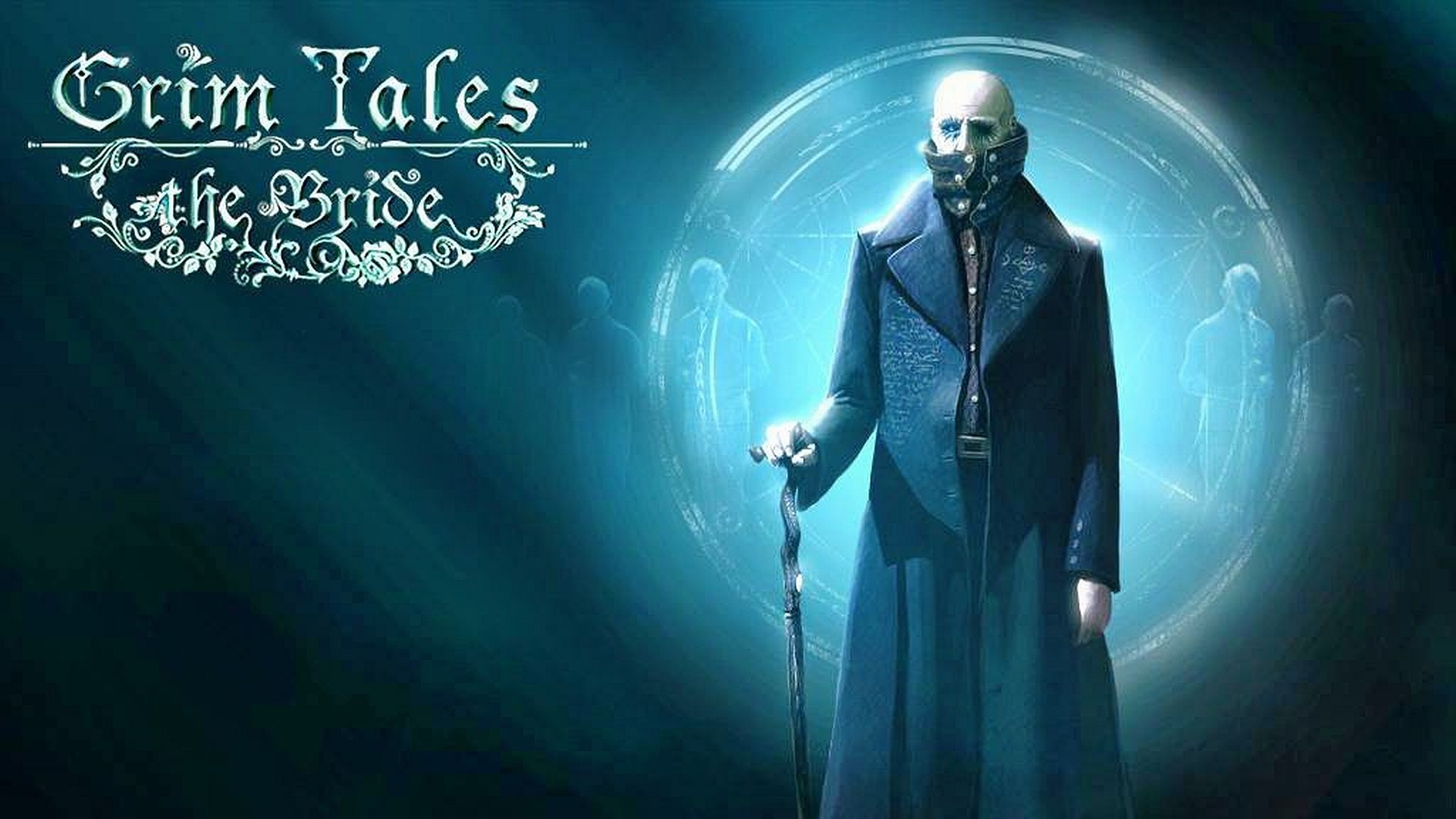 Grim Tales: The Bride game title with a man in a coat HD Wallpaper