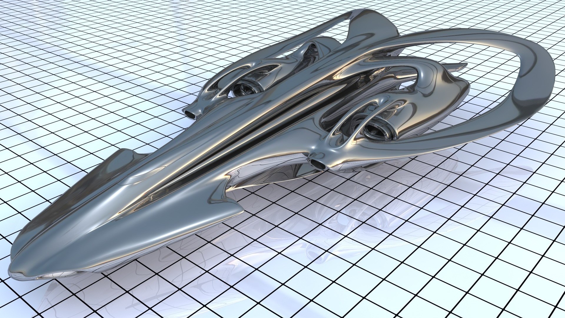 Futuristic chrome spaceship on a grid HD Wallpaper